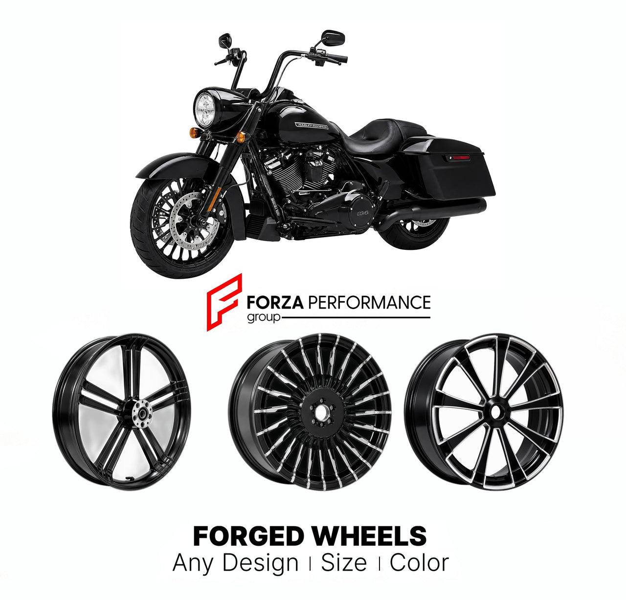 Custom forged motorcycle wheels for Harley Davidson FLHRXS Road King Special 2017 - 2025. Any size, color and finish. ABS/non-ABS fitment available.

We manufacture premium quality forged motorcycle wheels rims for Harley Davidson FLHRXS Road King Special 2017 - 2025 in any design, size, color.

We ensure your wheel set is delivered and fitted perfectly.

Finishing: Any

Optional for an additional price: Dual-Color, Brushing, Chroming, Polishing, Carbon Barrel.

We offer motorcycle wheels in many sizes: 12,