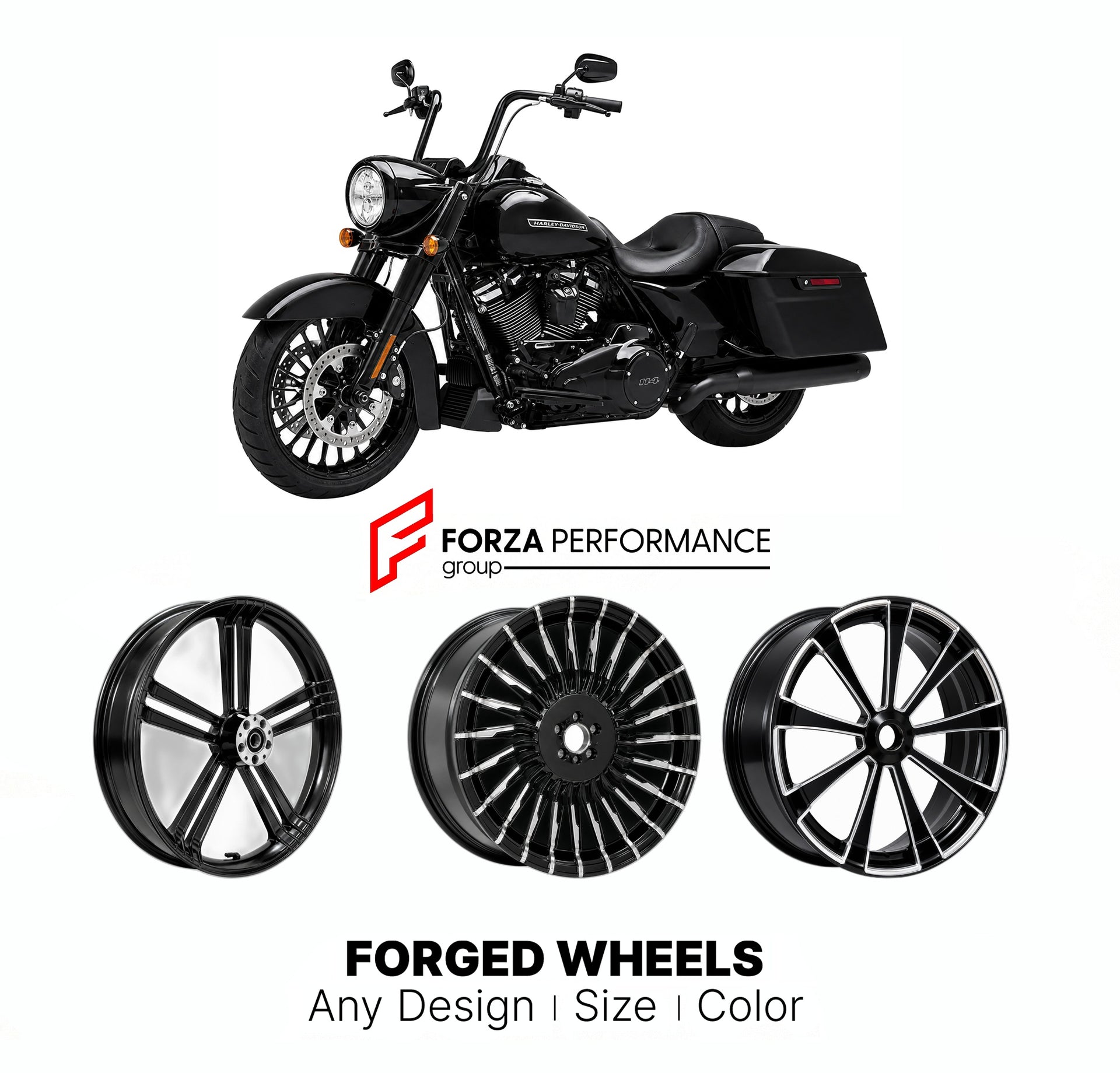 Custom forged motorcycle wheels for Harley Davidson FLHRXS Road King Special 2017 - 2025. Any size, color and finish. ABS/non-ABS fitment available.

We manufacture premium quality forged motorcycle wheels rims for Harley Davidson FLHRXS Road King Special 2017 - 2025 in any design, size, color.

We ensure your wheel set is delivered and fitted perfectly.

Finishing: Any

Optional for an additional price: Dual-Color, Brushing, Chroming, Polishing, Carbon Barrel.

We offer motorcycle wheels in many sizes: 12,