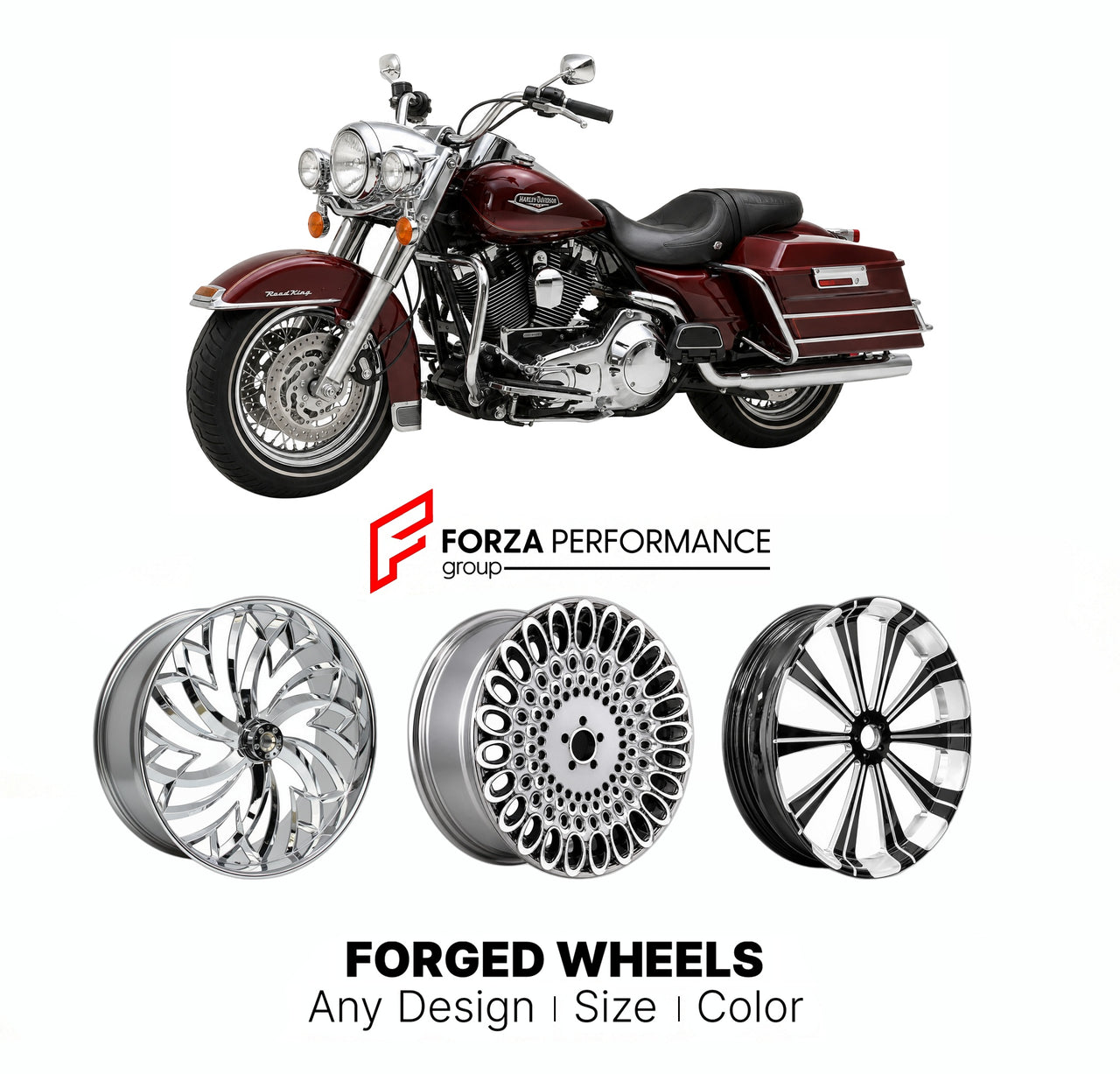 Custom forged motorcycle wheels for Harley Davidson FLHR Road King 1994 - 2025. Any size, color and finish. ABS/non-ABS fitment available.

We manufacture premium quality forged motorcycle wheels rims for Harley Davidson FLHR Road King 1994 - 2025 in any design, size, color.

We ensure your wheel set is delivered and fitted perfectly.

Finishing: Any

Optional for an additional price: Dual-Color, Brushing, Chroming, Polishing, Carbon Barrel.

We offer motorcycle wheels in many sizes: 12, 13, 14, 15, 16, 17,