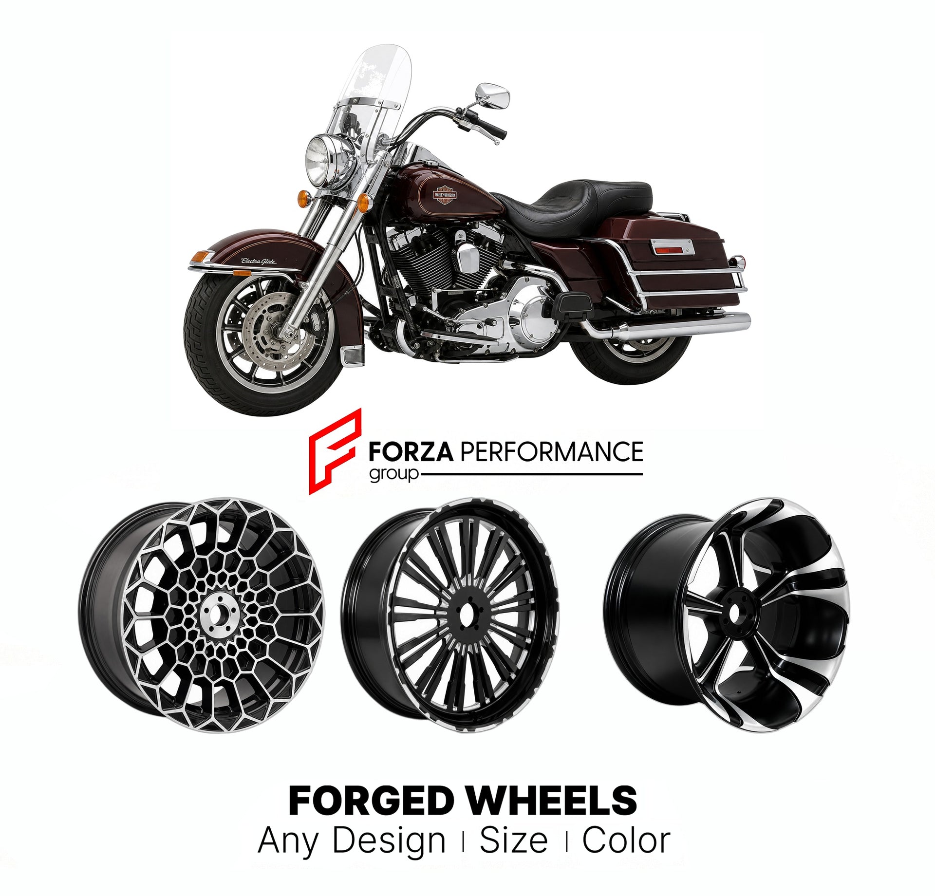 Custom forged motorcycle wheels for Harley Davidson FLHS Electra Glide Sport 1987 - 1993. Any size, color and finish. ABS/non-ABS fitment available.

We manufacture premium quality forged motorcycle wheels rims for Harley Davidson FLHS Electra Glide Sport 1987 - 1993 in any design, size, color.

We ensure your wheel set is delivered and fitted perfectly.

Finishing: Any

Optional for an additional price: Dual-Color, Brushing, Chroming, Polishing, Carbon Barrel.

We offer motorcycle wheels in many sizes: 12,