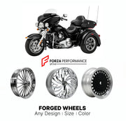 Custom forged motorcycle wheels for Harley Davidson FLHTCUTG Tri Glide Ultra 2009+. Any size, color and finish. ABS/non-ABS fitment available.

We manufacture premium quality forged motorcycle wheels rims for Harley Davidson FLHTCUTG Tri Glide Ultra 2009+ in any design, size, color.

We ensure your wheel set is delivered and fitted perfectly.

Finishing: Any

Optional for an additional price: Dual-Color, Brushing, Chroming, Polishing, Carbon Barrel.

We offer motorcycle wheels in many sizes: 12, 13, 14, 15,