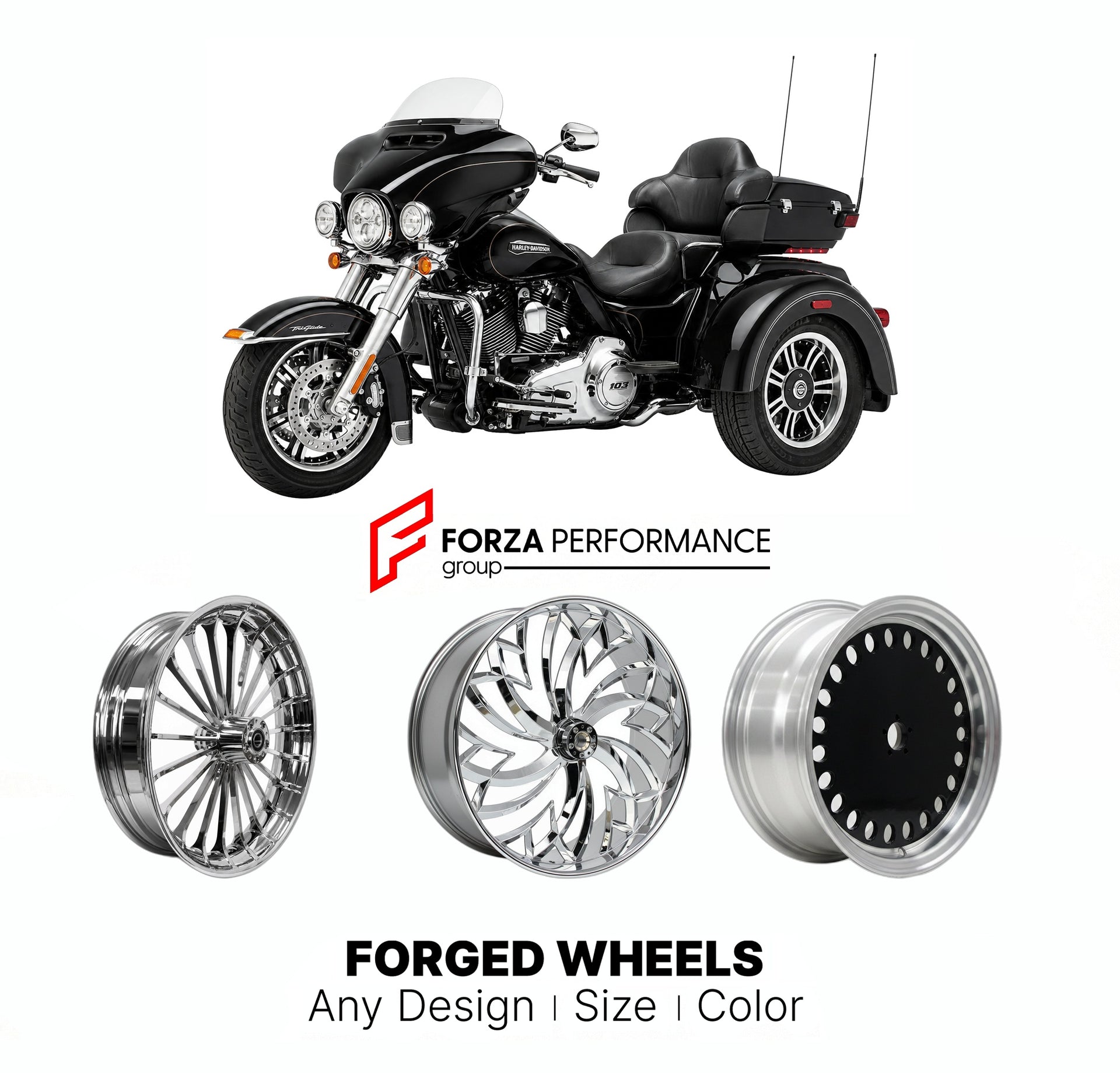 Custom forged motorcycle wheels for Harley Davidson FLHTCUTG Tri Glide Ultra 2009+. Any size, color and finish. ABS/non-ABS fitment available.

We manufacture premium quality forged motorcycle wheels rims for Harley Davidson FLHTCUTG Tri Glide Ultra 2009+ in any design, size, color.

We ensure your wheel set is delivered and fitted perfectly.

Finishing: Any

Optional for an additional price: Dual-Color, Brushing, Chroming, Polishing, Carbon Barrel.

We offer motorcycle wheels in many sizes: 12, 13, 14, 15,