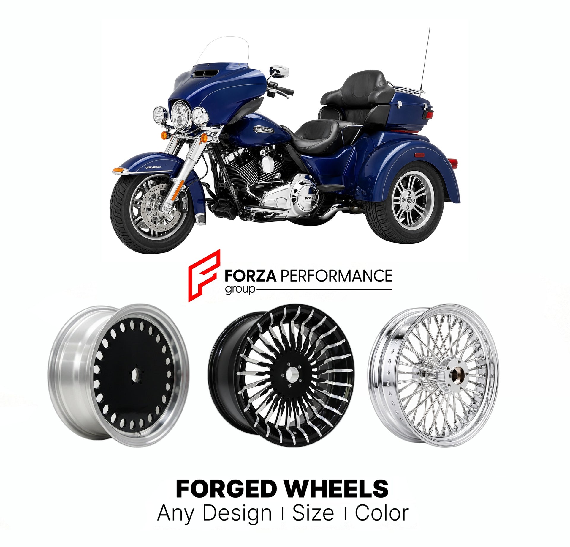 Custom forged motorcycle wheels for Harley Davidson FLHTCUTG Tri Glide Ultra Classic 2009+. Any size, color and finish. ABS/non-ABS fitment available.

We manufacture premium quality forged motorcycle wheels rims for Harley Davidson FLHTCUTG Tri Glide Ultra Classic 2009+ in any design, size, color.

We ensure your wheel set is delivered and fitted perfectly.

Finishing: Any

Optional for an additional price: Dual-Color, Brushing, Chroming, Polishing, Carbon Barrel.

We offer motorcycle wheels in many sizes: