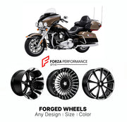 Custom forged motorcycle wheels for Harley Davidson FLHTK Electra Glide Ultra Limited 2010+. Any size, color and finish. ABS/non-ABS fitment available.

We manufacture premium quality forged motorcycle wheels rims for Harley Davidson FLHTK Electra Glide Ultra Limited 2010+ in any design, size, color.

We ensure your wheel set is delivered and fitted perfectly.

Finishing: Any

Optional for an additional price: Dual-Color, Brushing, Chroming, Polishing, Carbon Barrel.

We offer motorcycle wheels in many size