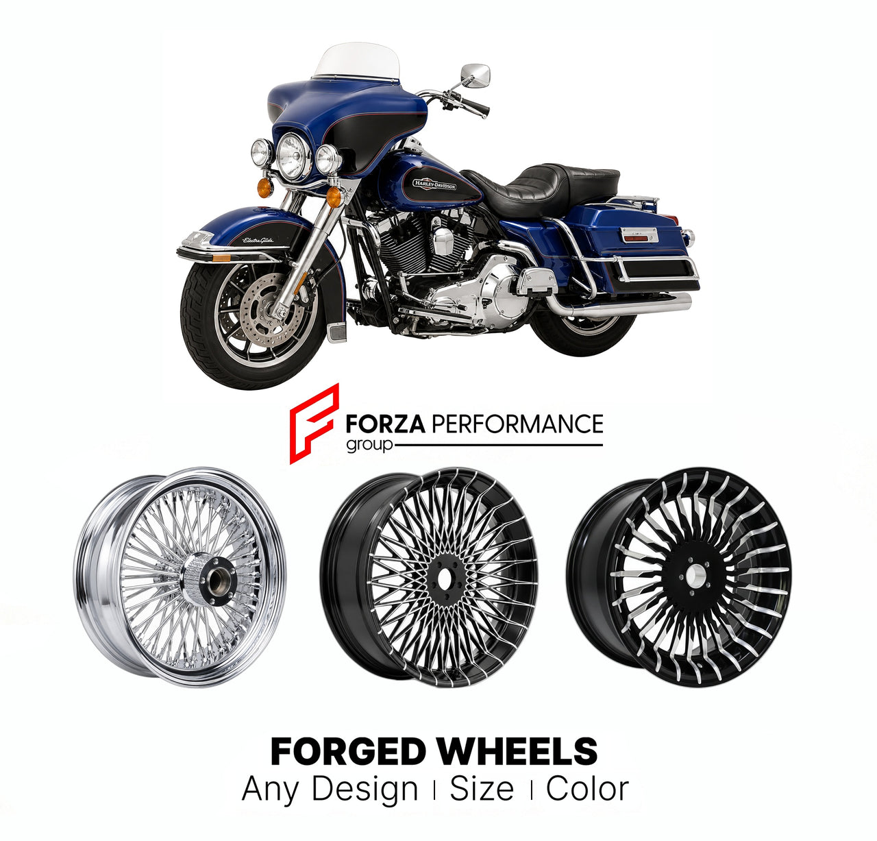 Custom forged motorcycle wheels for Harley Davidson FLHT Electra Glide Standard 1983 - 2009. Any size, color and finish. ABS/non-ABS fitment available.

We manufacture premium quality forged motorcycle wheels rims for Harley Davidson FLHT Electra Glide Standard 1983 - 2009 in any design, size, color.

We ensure your wheel set is delivered and fitted perfectly.

Finishing: Any

Optional for an additional price: Dual-Color, Brushing, Chroming, Polishing, Carbon Barrel.

We offer motorcycle wheels in many size
