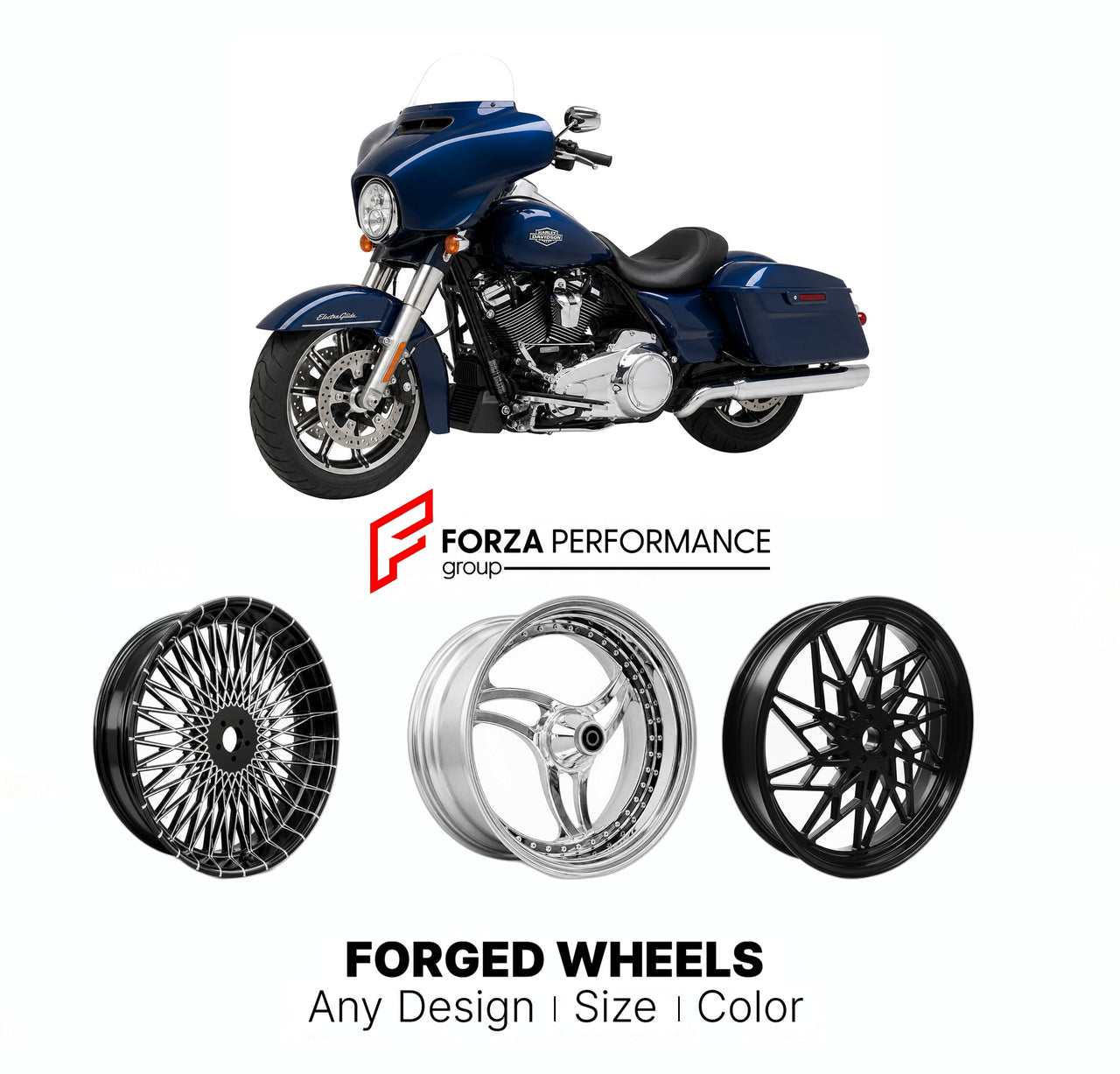 Custom forged motorcycle wheels for Harley Davidson FLHT Electra Glide Standard 2019 - 2022. Any size, color and finish. ABS/non-ABS fitment available.

We manufacture premium quality forged motorcycle wheels rims for Harley Davidson FLHT Electra Glide Standard 2019 - 2022 in any design, size, color.

We ensure your wheel set is delivered and fitted perfectly.

Finishing: Any

Optional for an additional price: Dual-Color, Brushing, Chroming, Polishing, Carbon Barrel.

We offer motorcycle wheels in many size