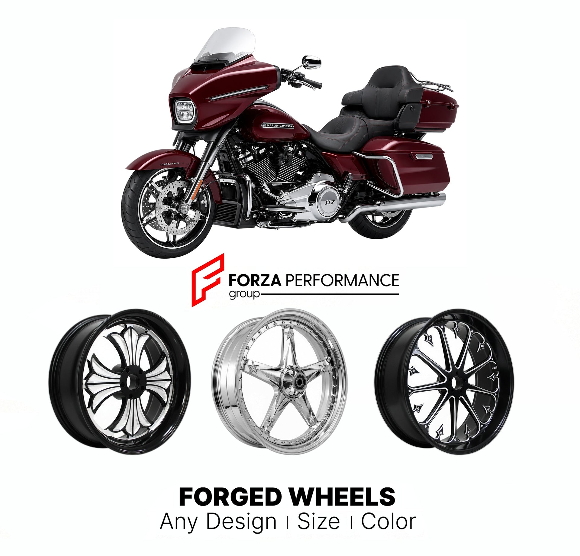 Custom forged motorcycle wheels for Harley Davidson FLHXL Street Glide Limited 2026+. Any size, color and finish. ABS/non-ABS fitment available.

We manufacture premium quality forged motorcycle wheels rims for Harley Davidson FLHXL Street Glide Limited 2026+ in any design, size, color.

We ensure your wheel set is delivered and fitted perfectly.

Finishing: Any

Optional for an additional price: Dual-Color, Brushing, Chroming, Polishing, Carbon Barrel.

We offer motorcycle wheels in many sizes: 12, 13, 14,