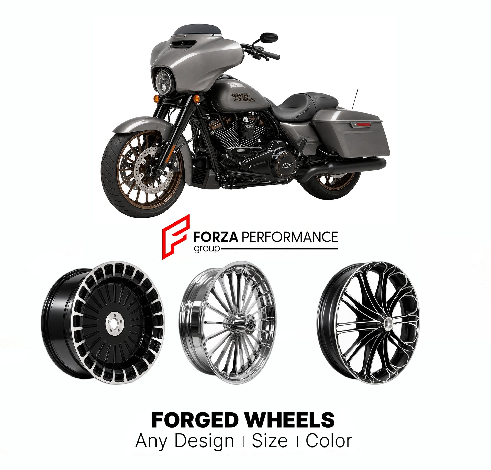 Custom forged motorcycle wheels for Harley Davidson FLHXST Street Glide ST 2022 - 2023. Any size, color and finish. ABS/non-ABS fitment available.

We manufacture premium quality forged motorcycle wheels rims for Harley Davidson FLHXST Street Glide ST 2022 - 2023 in any design, size, color.

We ensure your wheel set is delivered and fitted perfectly.

Finishing: Any

Optional for an additional price: Dual-Color, Brushing, Chroming, Polishing, Carbon Barrel.

We offer motorcycle wheels in many sizes: 12, 13,