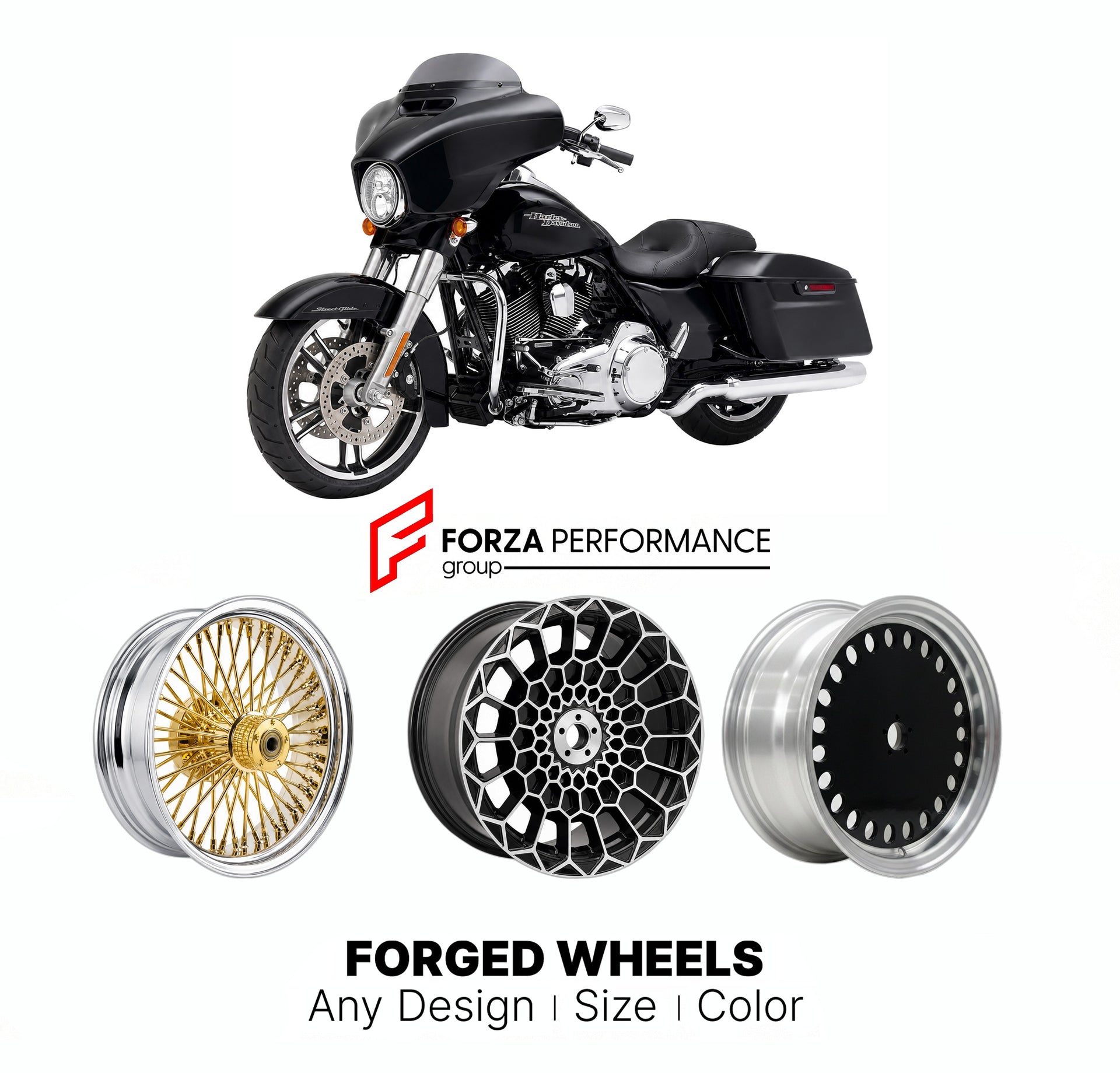 Custom forged motorcycle wheels for Harley Davidson FLHXS Street Glide Special 2014 - 2023. Any size, color and finish. ABS/non-ABS fitment available.

We manufacture premium quality forged motorcycle wheels rims for Harley Davidson FLHXS Street Glide Special 2014 - 2023 in any design, size, color.

We ensure your wheel set is delivered and fitted perfectly.

Finishing: Any

Optional for an additional price: Dual-Color, Brushing, Chroming, Polishing, Carbon Barrel.

We offer motorcycle wheels in many sizes: