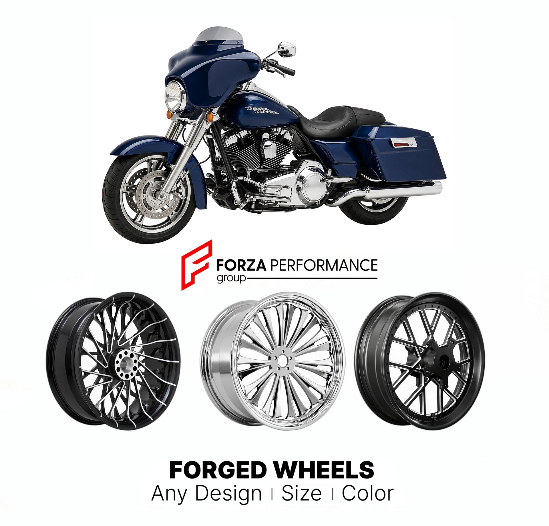 Custom forged motorcycle wheels for Harley Davidson FLHX Street Glide 2006+. Any size, color and finish. ABS/non-ABS fitment available.

We manufacture premium quality forged motorcycle wheels rims for Harley Davidson FLHX Street Glide 2006+ in any design, size, color.

We ensure your wheel set is delivered and fitted perfectly.

Finishing: Any

Optional for an additional price: Dual-Color, Brushing, Chroming, Polishing, Carbon Barrel.

We offer motorcycle wheels in many sizes: 12, 13, 14, 15, 16, 17, 18, 1