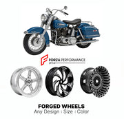 Custom forged motorcycle wheels for Harley Davidson FLH Electra Glide 1965 - 1993. Any size, color and finish. ABS/non-ABS fitment available.

We manufacture premium quality forged motorcycle wheels rims for Harley Davidson FLH Electra Glide 1965 - 1993 in any design, size, color.

We ensure your wheel set is delivered and fitted perfectly.

Finishing: Any

Optional for an additional price: Dual-Color, Brushing, Chroming, Polishing, Carbon Barrel.

We offer motorcycle wheels in many sizes: 12, 13, 14, 15, 1