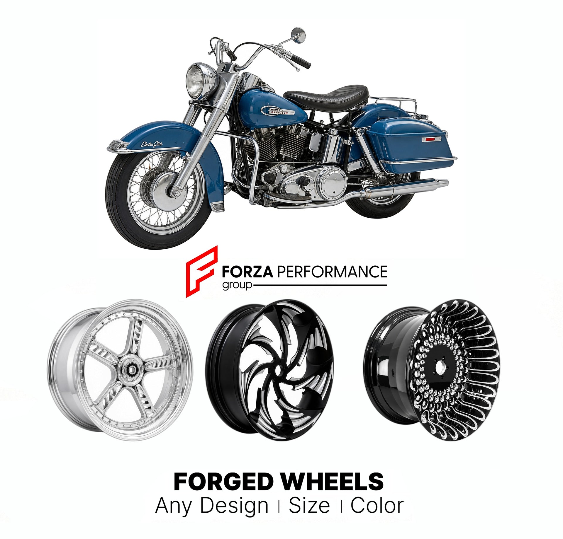 Custom forged motorcycle wheels for Harley Davidson FLH Electra Glide 1965 - 1993. Any size, color and finish. ABS/non-ABS fitment available.

We manufacture premium quality forged motorcycle wheels rims for Harley Davidson FLH Electra Glide 1965 - 1993 in any design, size, color.

We ensure your wheel set is delivered and fitted perfectly.

Finishing: Any

Optional for an additional price: Dual-Color, Brushing, Chroming, Polishing, Carbon Barrel.

We offer motorcycle wheels in many sizes: 12, 13, 14, 15, 1