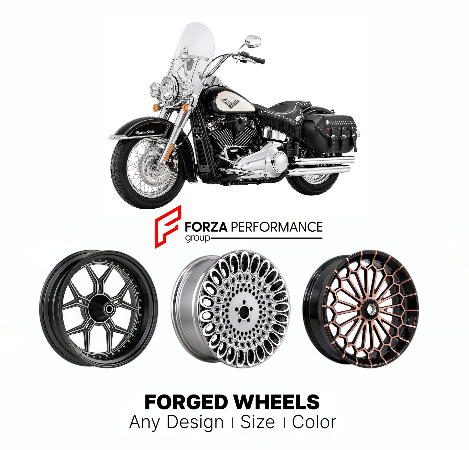 Custom forged motorcycle wheels for Harley Davidson FLI Hydra-Glide Revival 2024 - 2024. Any size, color and finish. ABS/non-ABS fitment available.

We manufacture premium quality forged motorcycle wheels rims for Harley Davidson FLI Hydra-Glide Revival 2024 - 2024 in any design, size, color.

We ensure your wheel set is delivered and fitted perfectly.

Finishing: Any

Optional for an additional price: Dual-Color, Brushing, Chroming, Polishing, Carbon Barrel.

We offer motorcycle wheels in many sizes: 12, 1