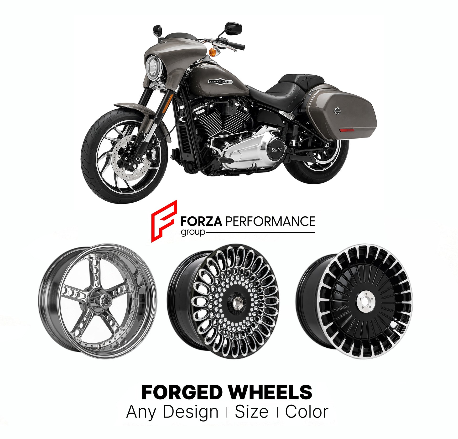 Custom forged motorcycle wheels for Harley Davidson FLSB Sport Glide 2018 - 2020. Any size, color and finish. ABS/non-ABS fitment available.

We manufacture premium quality forged motorcycle wheels rims for Harley Davidson FLSB Sport Glide 2018 - 2020 in any design, size, color.

We ensure your wheel set is delivered and fitted perfectly.

Finishing: Any

Optional for an additional price: Dual-Color, Brushing, Chroming, Polishing, Carbon Barrel.

We offer motorcycle wheels in many sizes: 12, 13, 14, 15, 16,