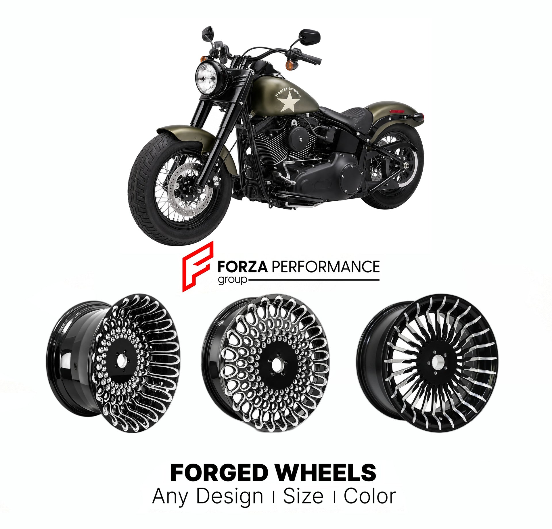 Custom forged motorcycle wheels for Harley Davidson FLSS Softail Slim S 2016 - 2017. Any size, color and finish. ABS/non-ABS fitment available.

We manufacture premium quality forged motorcycle wheels rims for Harley Davidson FLSS Softail Slim S 2016 - 2017 in any design, size, color.

We ensure your wheel set is delivered and fitted perfectly.

Finishing: Any

Optional for an additional price: Dual-Color, Brushing, Chroming, Polishing, Carbon Barrel.

We offer motorcycle wheels in many sizes: 12, 13, 14, 1