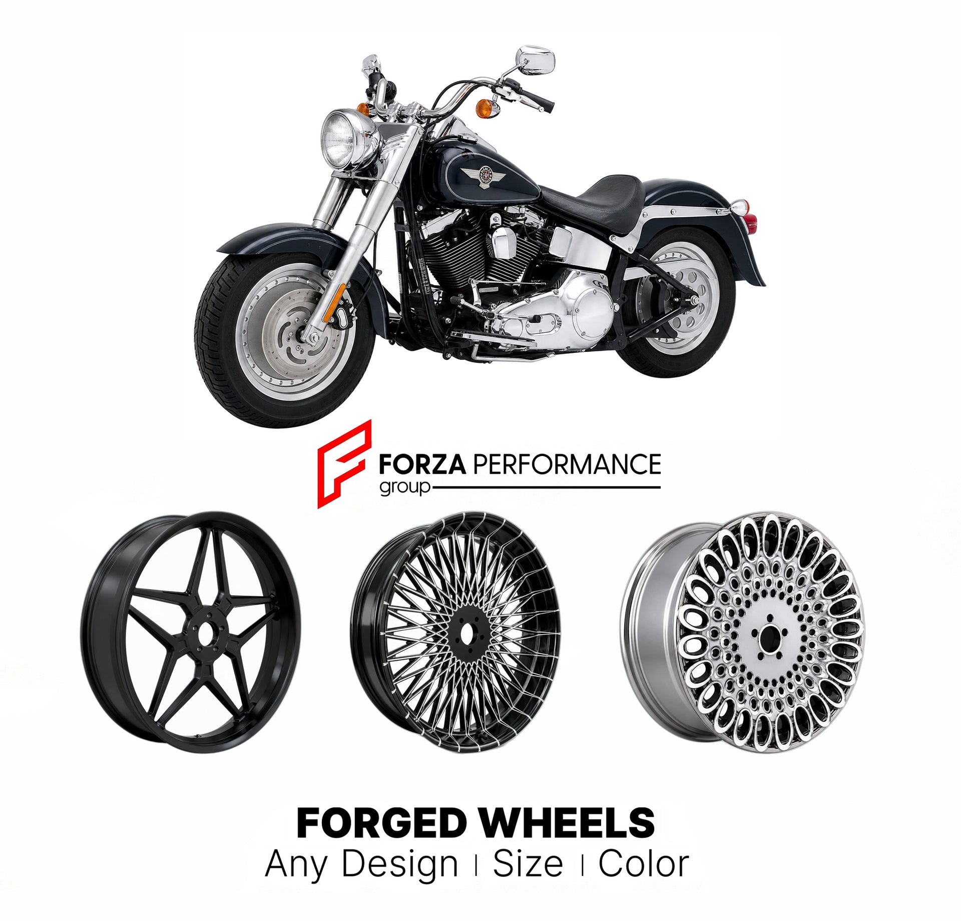 Custom forged motorcycle wheels for Harley Davidson FLSTF Fat Boy 1990+. Any size, color and finish. ABS/non-ABS fitment available.

We manufacture premium quality forged motorcycle wheels rims for Harley Davidson FLSTF Fat Boy 1990+ in any design, size, color.

We ensure your wheel set is delivered and fitted perfectly.

Finishing: Any

Optional for an additional price: Dual-Color, Brushing, Chroming, Polishing, Carbon Barrel.

We offer motorcycle wheels in many sizes: 12, 13, 14, 15, 16, 17, 18, 19, 20, 2