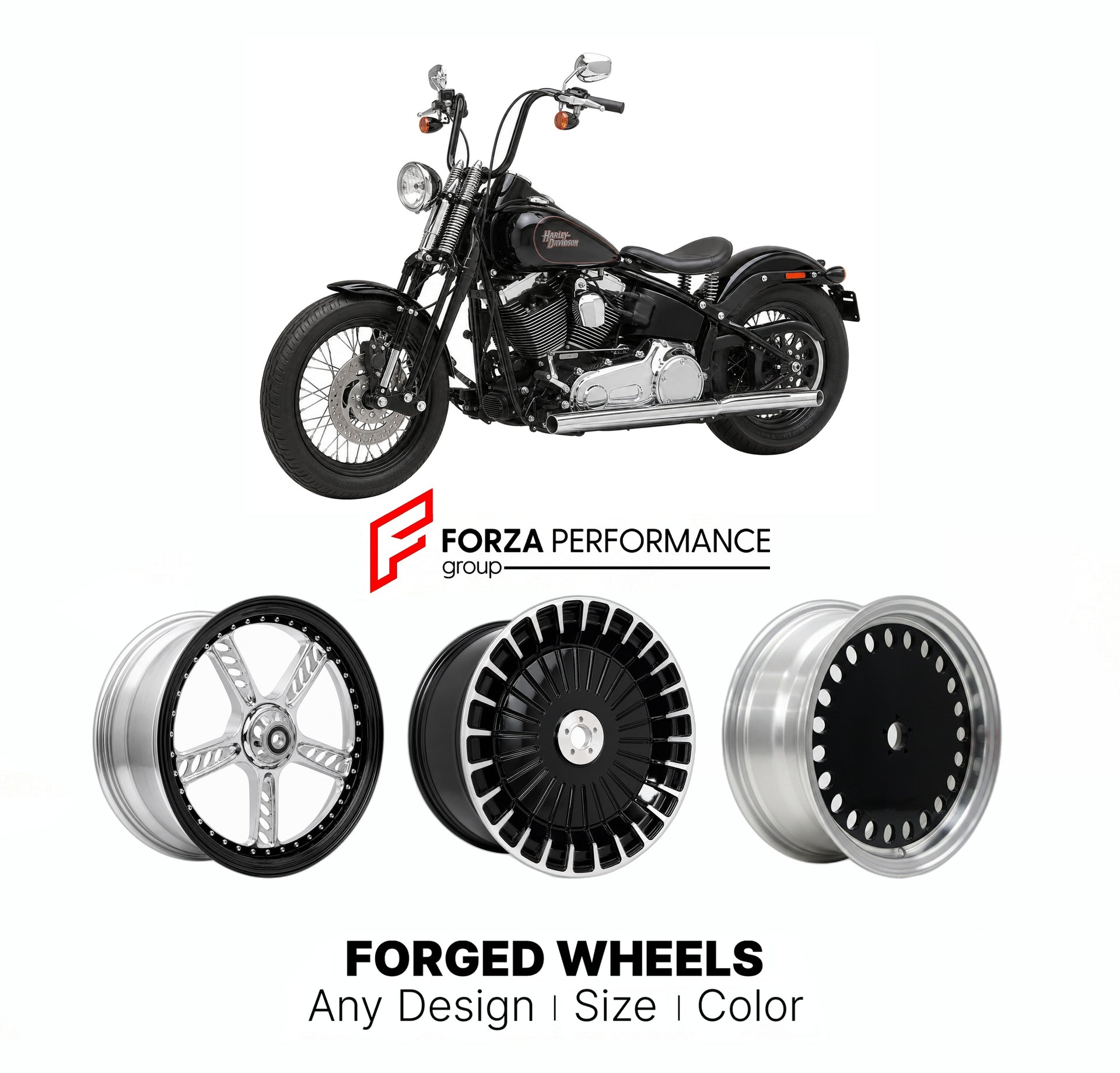 Custom forged motorcycle wheels for Harley Davidson FLSTSB Cross Bones 2008 - 2011. Any size, color and finish. ABS/non-ABS fitment available.

We manufacture premium quality forged motorcycle wheels rims for Harley Davidson FLSTSB Cross Bones 2008 - 2011 in any design, size, color.

We ensure your wheel set is delivered and fitted perfectly.

Finishing: Any

Optional for an additional price: Dual-Color, Brushing, Chroming, Polishing, Carbon Barrel.

We offer motorcycle wheels in many sizes: 12, 13, 14, 15,