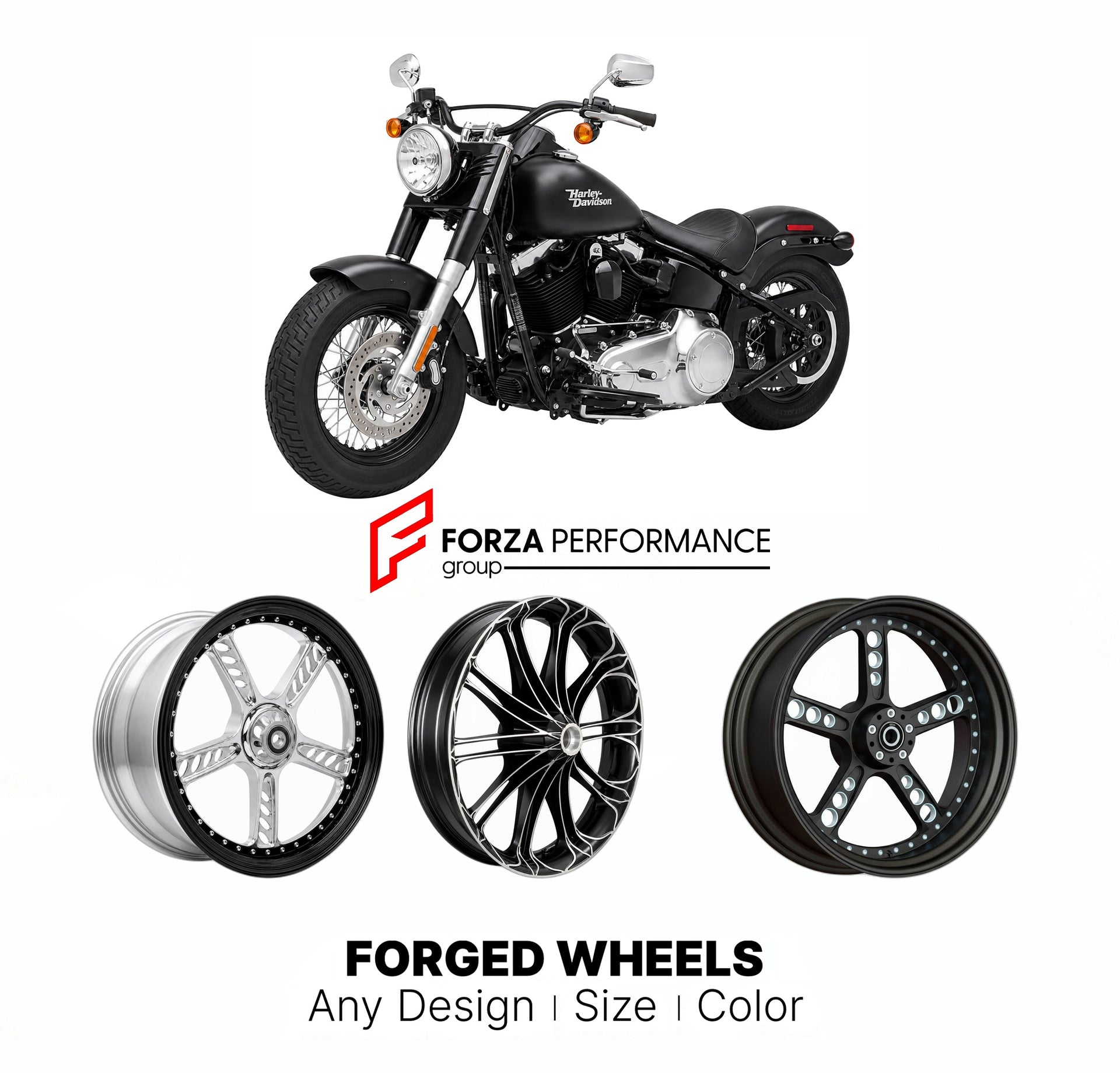 Custom forged motorcycle wheels for Harley Davidson FLS Softail Slim 2012 - 2021. Any size, color and finish. ABS/non-ABS fitment available.

We manufacture premium quality forged motorcycle wheels rims for Harley Davidson FLS Softail Slim 2012 - 2021 in any design, size, color.

We ensure your wheel set is delivered and fitted perfectly.

Finishing: Any

Optional for an additional price: Dual-Color, Brushing, Chroming, Polishing, Carbon Barrel.

We offer motorcycle wheels in many sizes: 12, 13, 14, 15, 16,