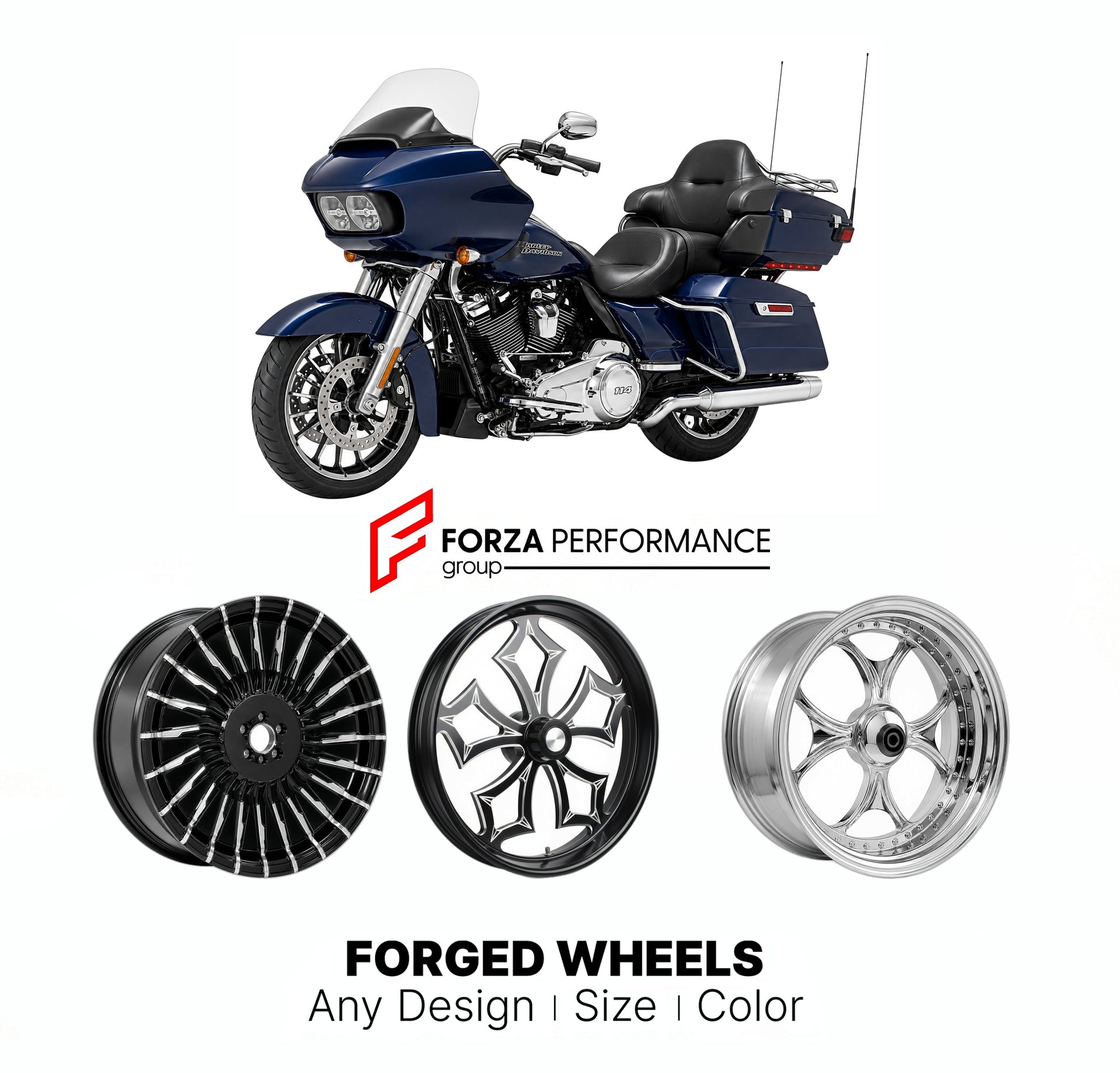 Custom forged motorcycle wheels for Harley Davidson FLTRK Road Glide Limited 2020+. Any size, color and finish. ABS/non-ABS fitment available.

We manufacture premium quality forged motorcycle wheels rims for Harley Davidson FLTRK Road Glide Limited 2020+ in any design, size, color.

We ensure your wheel set is delivered and fitted perfectly.

Finishing: Any

Optional for an additional price: Dual-Color, Brushing, Chroming, Polishing, Carbon Barrel.

We offer motorcycle wheels in many sizes: 12, 13, 14, 15,