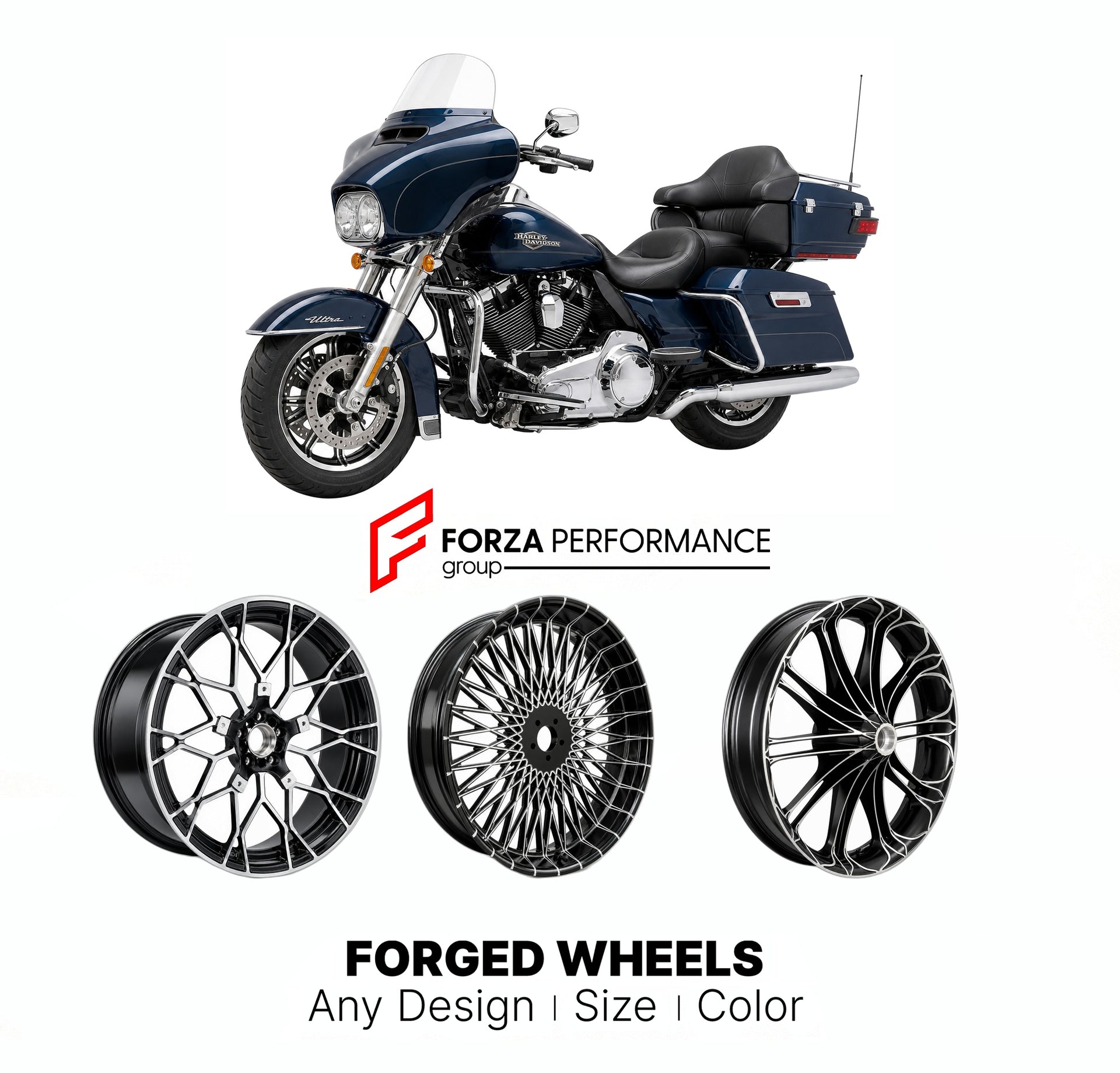 Custom forged motorcycle wheels for Harley Davidson FLTRU Road Glide Ultra 2011 - 2019. Any size, color and finish. ABS/non-ABS fitment available.

We manufacture premium quality forged motorcycle wheels rims for Harley Davidson FLTRU Road Glide Ultra 2011 - 2019 in any design, size, color.

We ensure your wheel set is delivered and fitted perfectly.

Finishing: Any

Optional for an additional price: Dual-Color, Brushing, Chroming, Polishing, Carbon Barrel.

We offer motorcycle wheels in many sizes: 12, 13,
