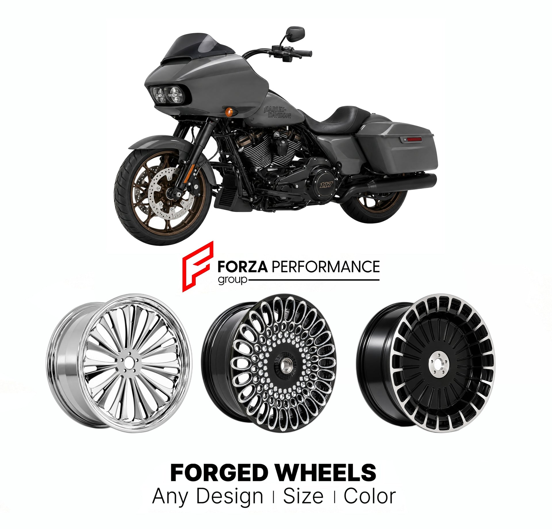 Custom forged motorcycle wheels for Harley Davidson FLTRXST Road Glide ST 2022 - 2023. Any size, color and finish. ABS/non-ABS fitment available.

We manufacture premium quality forged motorcycle wheels rims for Harley Davidson FLTRXST Road Glide ST 2022 - 2023 in any design, size, color.

We ensure your wheel set is delivered and fitted perfectly.

Finishing: Any

Optional for an additional price: Dual-Color, Brushing, Chroming, Polishing, Carbon Barrel.

We offer motorcycle wheels in many sizes: 12, 13, 1