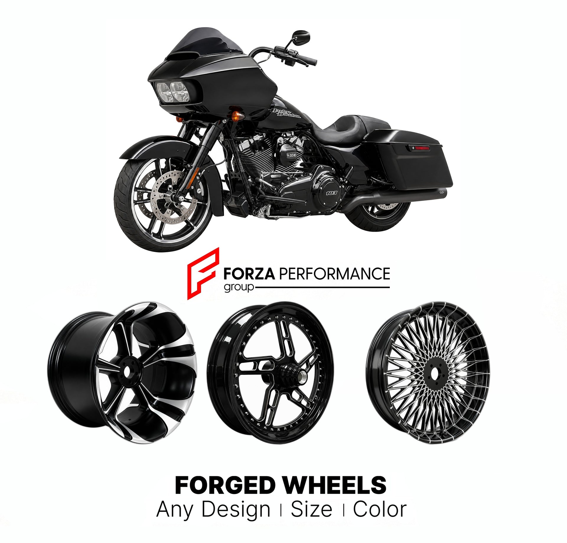 Custom forged motorcycle wheels for Harley Davidson FLTRXS Road Glide Special 2015 - 2023. Any size, color and finish. ABS/non-ABS fitment available.

We manufacture premium quality forged motorcycle wheels rims for Harley Davidson FLTRXS Road Glide Special 2015 - 2023 in any design, size, color.

We ensure your wheel set is delivered and fitted perfectly.

Finishing: Any

Optional for an additional price: Dual-Color, Brushing, Chroming, Polishing, Carbon Barrel.

We offer motorcycle wheels in many sizes: 1