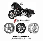 Custom forged motorcycle wheels for Harley Davidson FLTRX Road Glide 2010+. Any size, color and finish. ABS/non-ABS fitment available.

We manufacture premium quality forged motorcycle wheels rims for Harley Davidson FLTRX Road Glide 2010+ in any design, size, color.

We ensure your wheel set is delivered and fitted perfectly.

Finishing: Any

Optional for an additional price: Dual-Color, Brushing, Chroming, Polishing, Carbon Barrel.

We offer motorcycle wheels in many sizes: 12, 13, 14, 15, 16, 17, 18, 19,