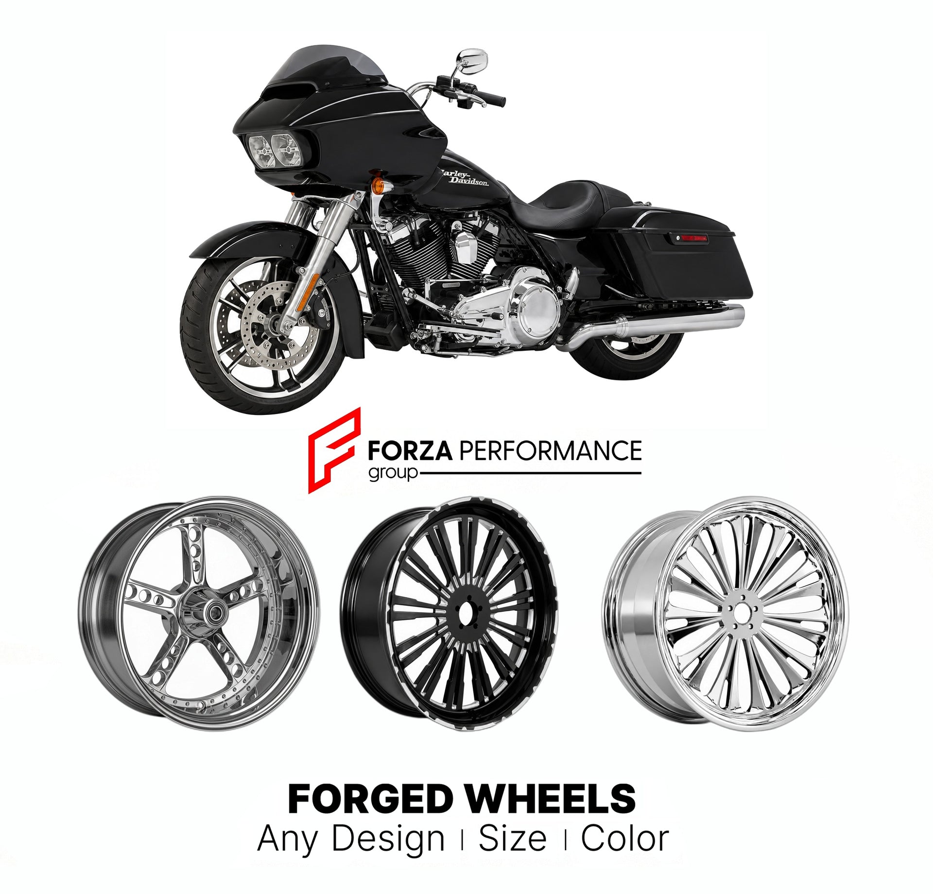 Custom forged motorcycle wheels for Harley Davidson FLTRX Road Glide 2010+. Any size, color and finish. ABS/non-ABS fitment available.

We manufacture premium quality forged motorcycle wheels rims for Harley Davidson FLTRX Road Glide 2010+ in any design, size, color.

We ensure your wheel set is delivered and fitted perfectly.

Finishing: Any

Optional for an additional price: Dual-Color, Brushing, Chroming, Polishing, Carbon Barrel.

We offer motorcycle wheels in many sizes: 12, 13, 14, 15, 16, 17, 18, 19,