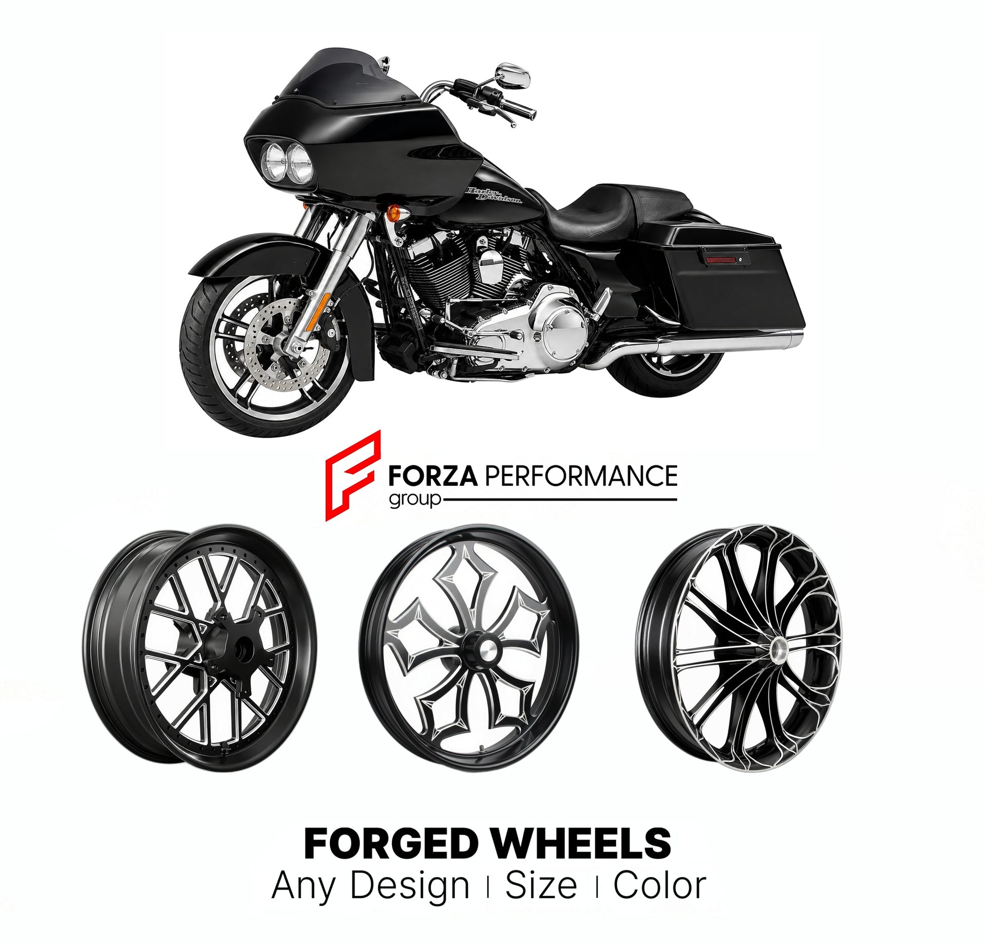 Custom forged motorcycle wheels for Harley Davidson FLTRX Road Glide Custom 2010+. Any size, color and finish. ABS/non-ABS fitment available.

We manufacture premium quality forged motorcycle wheels rims for Harley Davidson FLTRX Road Glide Custom 2010+ in any design, size, color.

We ensure your wheel set is delivered and fitted perfectly.

Finishing: Any

Optional for an additional price: Dual-Color, Brushing, Chroming, Polishing, Carbon Barrel.

We offer motorcycle wheels in many sizes: 12, 13, 14, 15, 1