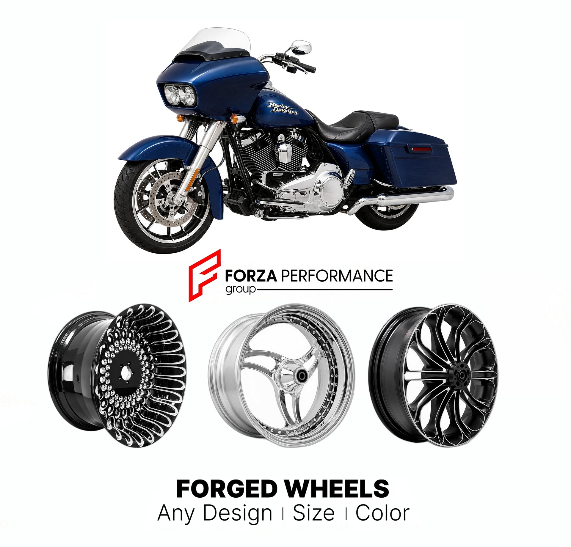 Custom forged motorcycle wheels for Harley Davidson FLTR Road Glide 1998+. Any size, color and finish. ABS/non-ABS fitment available.

We manufacture premium quality forged motorcycle wheels rims for Harley Davidson FLTR Road Glide 1998+ in any design, size, color.

We ensure your wheel set is delivered and fitted perfectly.

Finishing: Any

Optional for an additional price: Dual-Color, Brushing, Chroming, Polishing, Carbon Barrel.

We offer motorcycle wheels in many sizes: 12, 13, 14, 15, 16, 17, 18, 19, 2