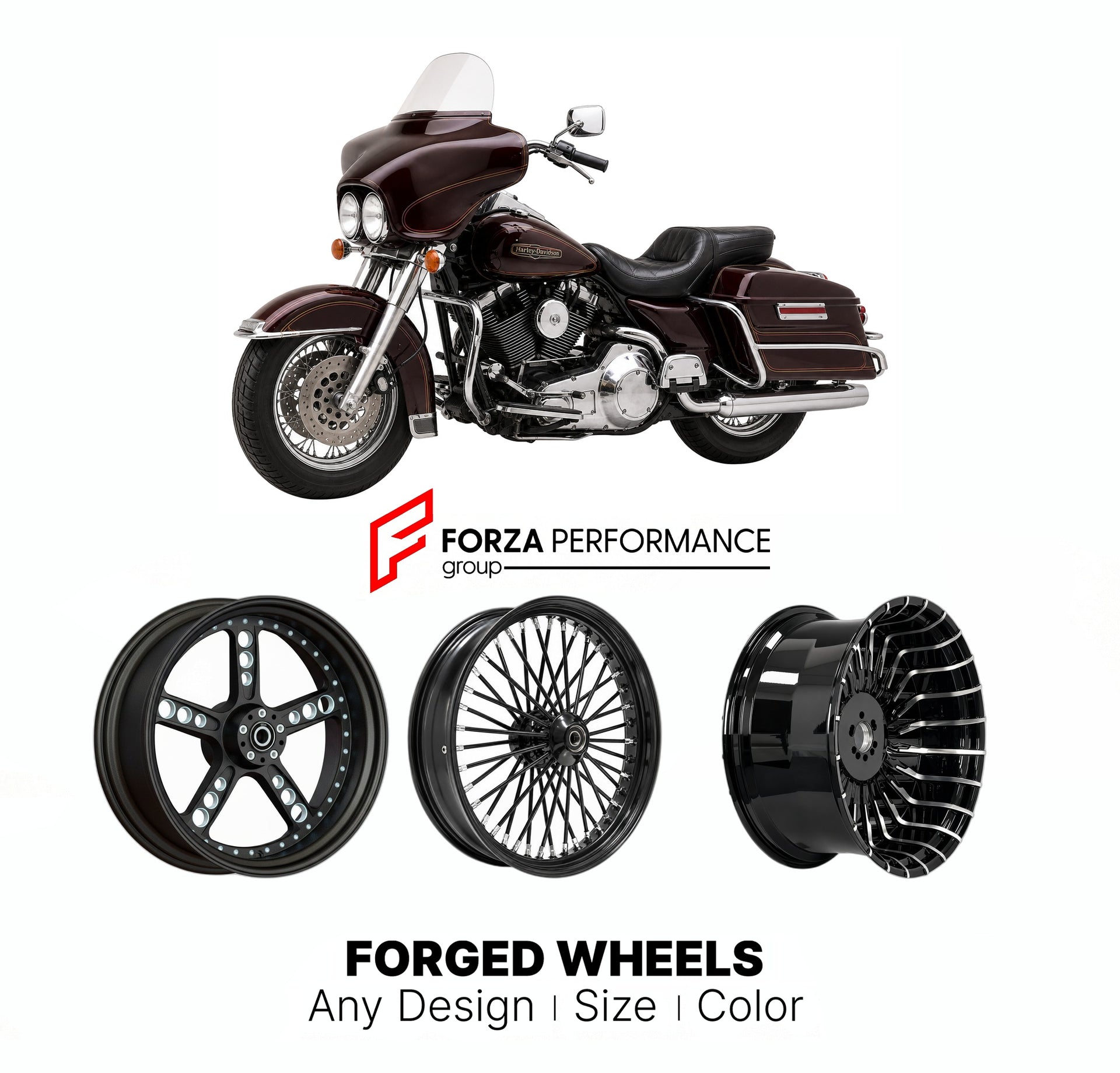 Custom forged motorcycle wheels for Harley Davidson FLT Tour Glide 1980 - 1996. Any size, color and finish. ABS/non-ABS fitment available.

We manufacture premium quality forged motorcycle wheels rims for Harley Davidson FLT Tour Glide 1980 - 1996 in any design, size, color.

We ensure your wheel set is delivered and fitted perfectly.

Finishing: Any

Optional for an additional price: Dual-Color, Brushing, Chroming, Polishing, Carbon Barrel.

We offer motorcycle wheels in many sizes: 12, 13, 14, 15, 16, 17,