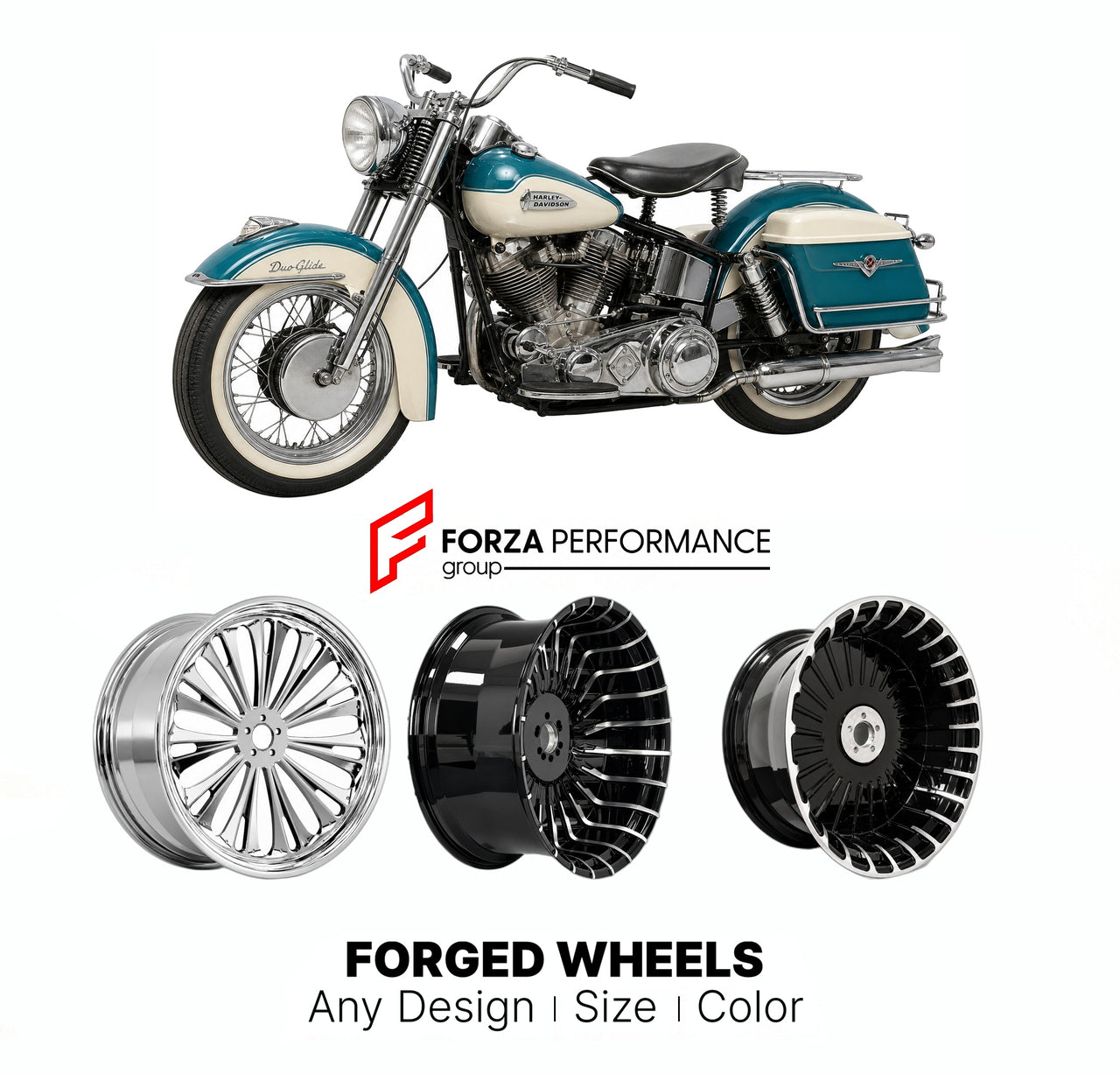 Custom forged motorcycle wheels for Harley Davidson FL Duo-Glide 1958 - 1964. Any size, color and finish. ABS/non-ABS fitment available.

We manufacture premium quality forged motorcycle wheels rims for Harley Davidson FL Duo-Glide 1958 - 1964 in any design, size, color.

We ensure your wheel set is delivered and fitted perfectly.

Finishing: Any

Optional for an additional price: Dual-Color, Brushing, Chroming, Polishing, Carbon Barrel.

We offer motorcycle wheels in many sizes: 12, 13, 14, 15, 16, 17, 18,