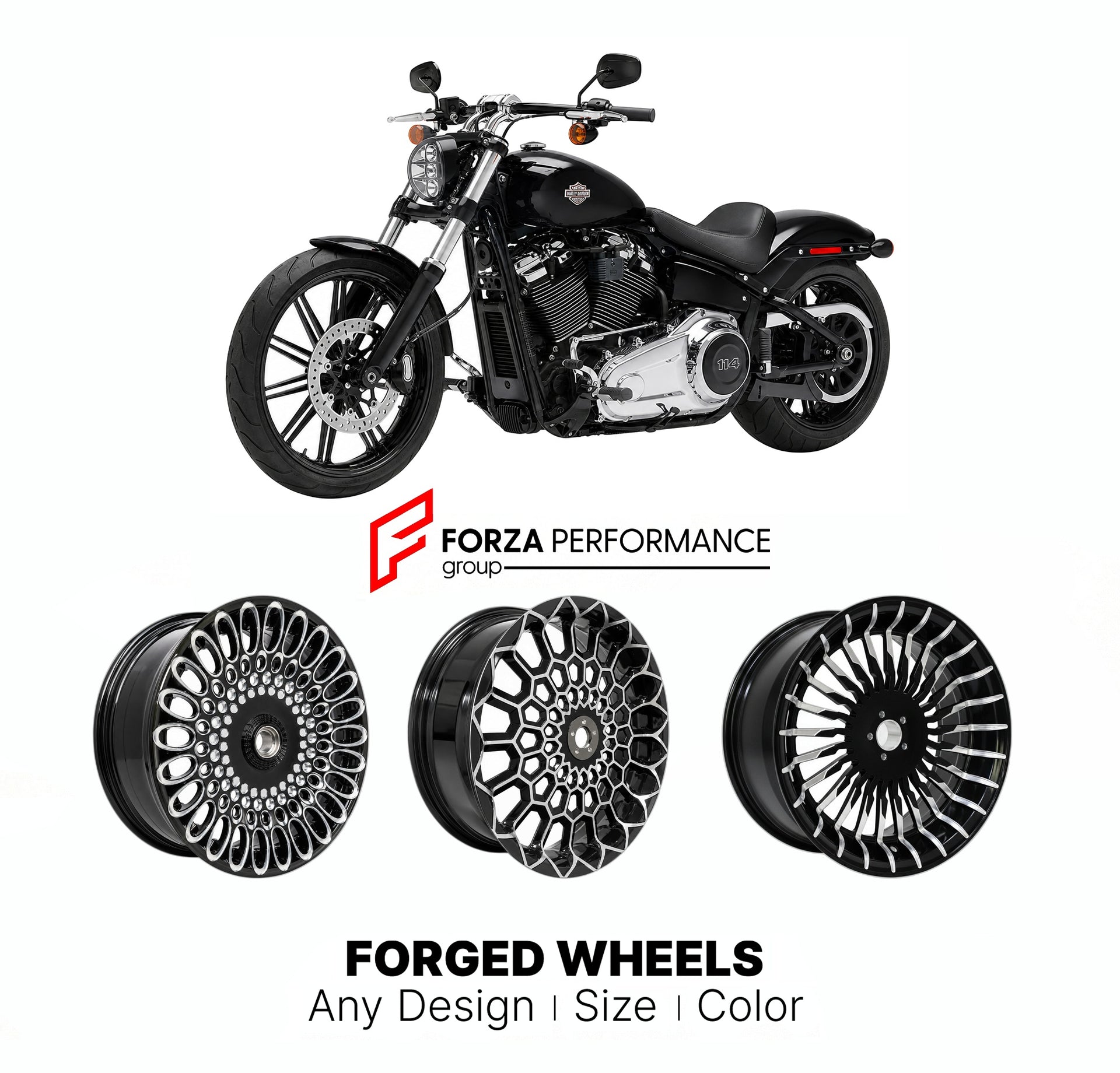 Custom forged motorcycle wheels for Harley Davidson FXBR Breakout 2013+. Any size, color and finish. ABS/non-ABS fitment available.

We manufacture premium quality forged motorcycle wheels rims for Harley Davidson FXBR Breakout 2013+ in any design, size, color.

We ensure your wheel set is delivered and fitted perfectly.

Finishing: Any

Optional for an additional price: Dual-Color, Brushing, Chroming, Polishing, Carbon Barrel.

We offer motorcycle wheels in many sizes: 12, 13, 14, 15, 16, 17, 18, 19, 20, 2