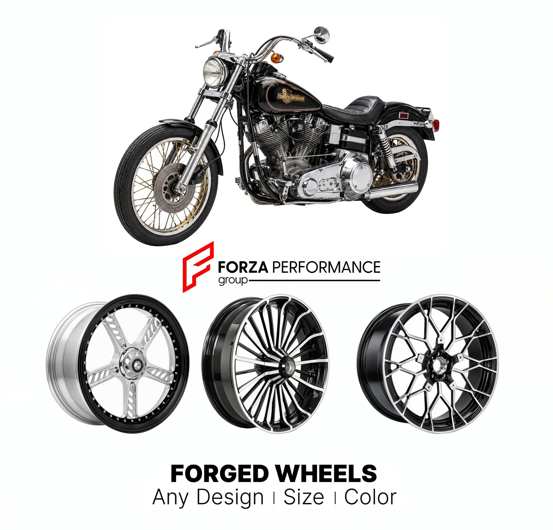 Custom forged motorcycle wheels for Harley Davidson FXB Sturgis 1980 - 1982. Any size, color and finish. ABS/non-ABS fitment available.

We manufacture premium quality forged motorcycle wheels rims for Harley Davidson FXB Sturgis 1980 - 1982 in any design, size, color.

We ensure your wheel set is delivered and fitted perfectly.

Finishing: Any

Optional for an additional price: Dual-Color, Brushing, Chroming, Polishing, Carbon Barrel.

We offer motorcycle wheels in many sizes: 12, 13, 14, 15, 16, 17, 18, 1