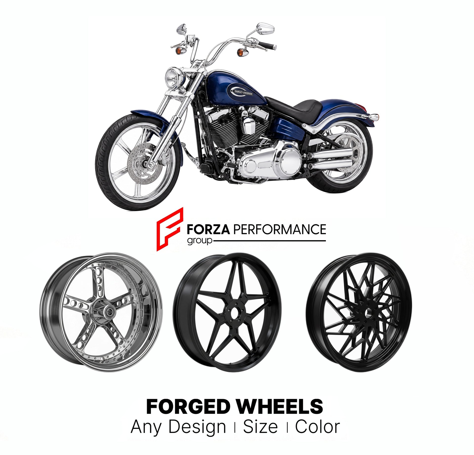 Custom forged motorcycle wheels for Harley Davidson FXCWC Rocker C 2008 - 2010. Any size, color and finish. ABS/non-ABS fitment available.

We manufacture premium quality forged motorcycle wheels rims for Harley Davidson FXCWC Rocker C 2008 - 2010 in any design, size, color.

We ensure your wheel set is delivered and fitted perfectly.

Finishing: Any

Optional for an additional price: Dual-Color, Brushing, Chroming, Polishing, Carbon Barrel.

We offer motorcycle wheels in many sizes: 12, 13, 14, 15, 16, 17,