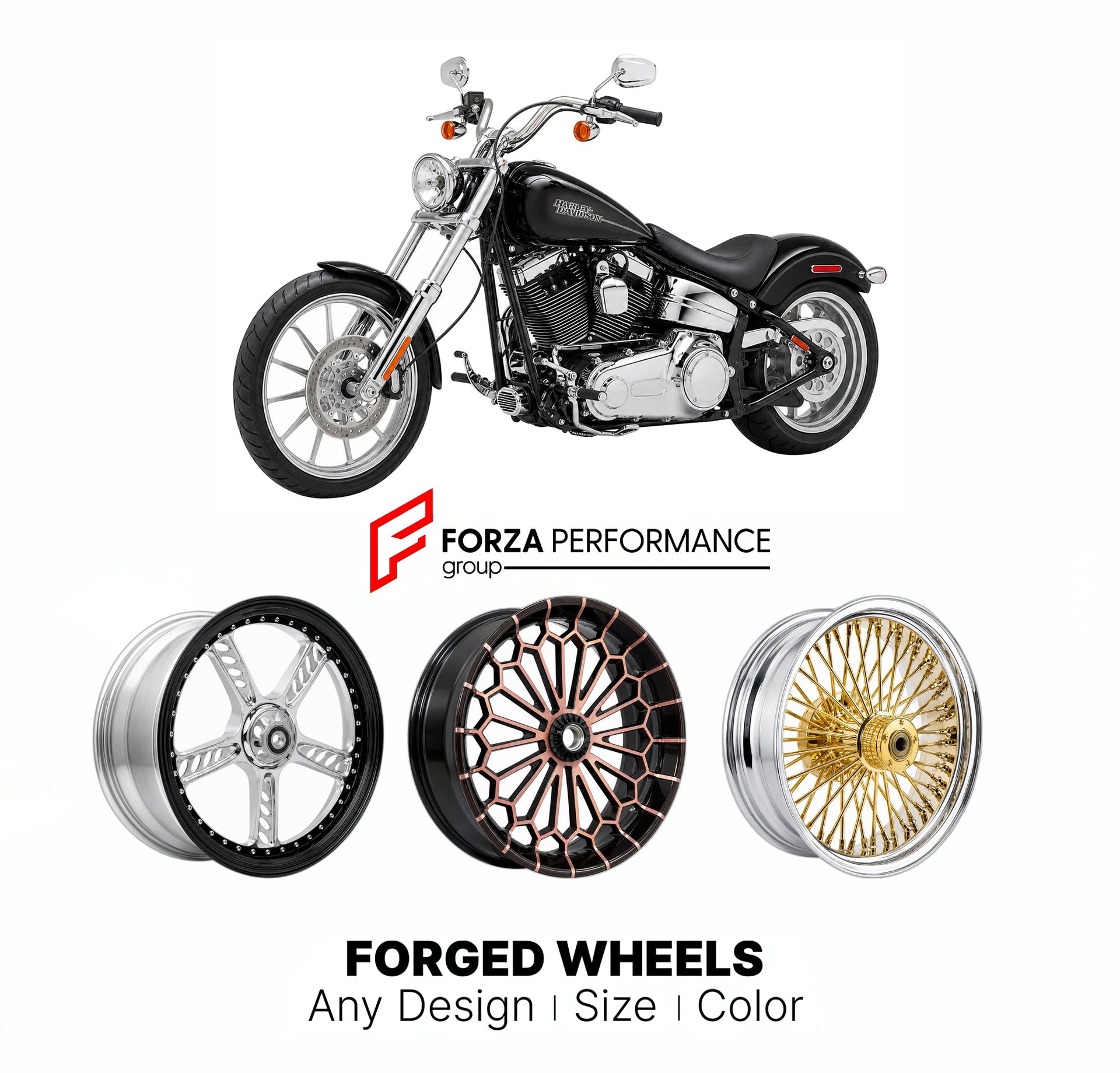 Custom forged motorcycle wheels for Harley Davidson FXCW Rocker 2008 - 2009. Any size, color and finish. ABS/non-ABS fitment available.

We manufacture premium quality forged motorcycle wheels rims for Harley Davidson FXCW Rocker 2008 - 2009 in any design, size, color.

We ensure your wheel set is delivered and fitted perfectly.

Finishing: Any

Optional for an additional price: Dual-Color, Brushing, Chroming, Polishing, Carbon Barrel.

We offer motorcycle wheels in many sizes: 12, 13, 14, 15, 16, 17, 18, 1