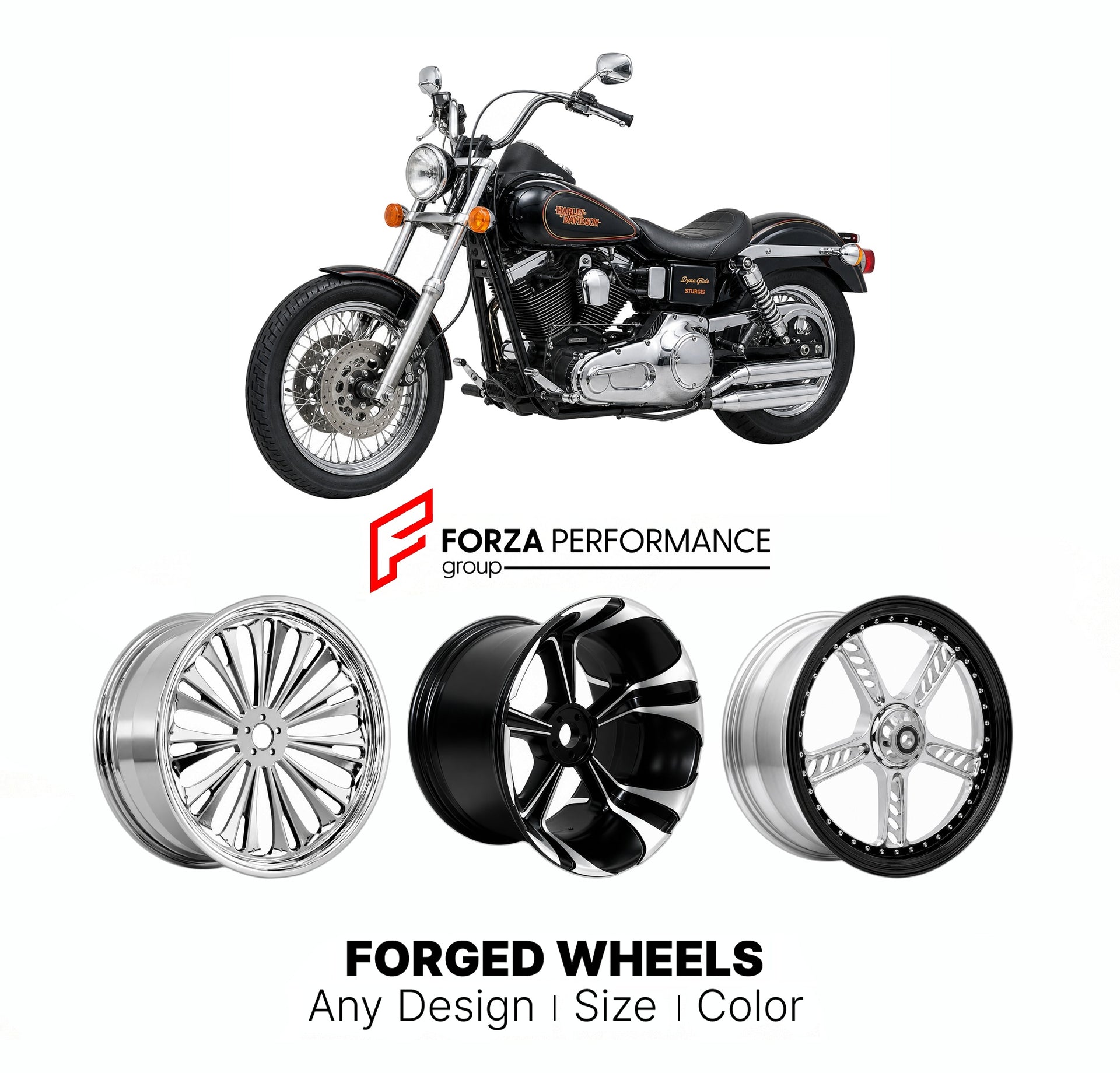 Custom forged motorcycle wheels for Harley Davidson FXDB Dyna Glide Sturgis 1991 - 1991. Any size, color and finish. ABS/non-ABS fitment available.

We manufacture premium quality forged motorcycle wheels rims for Harley Davidson FXDB Dyna Glide Sturgis 1991 - 1991 in any design, size, color.

We ensure your wheel set is delivered and fitted perfectly.

Finishing: Any

Optional for an additional price: Dual-Color, Brushing, Chroming, Polishing, Carbon Barrel.

We offer motorcycle wheels in many sizes: 12, 1