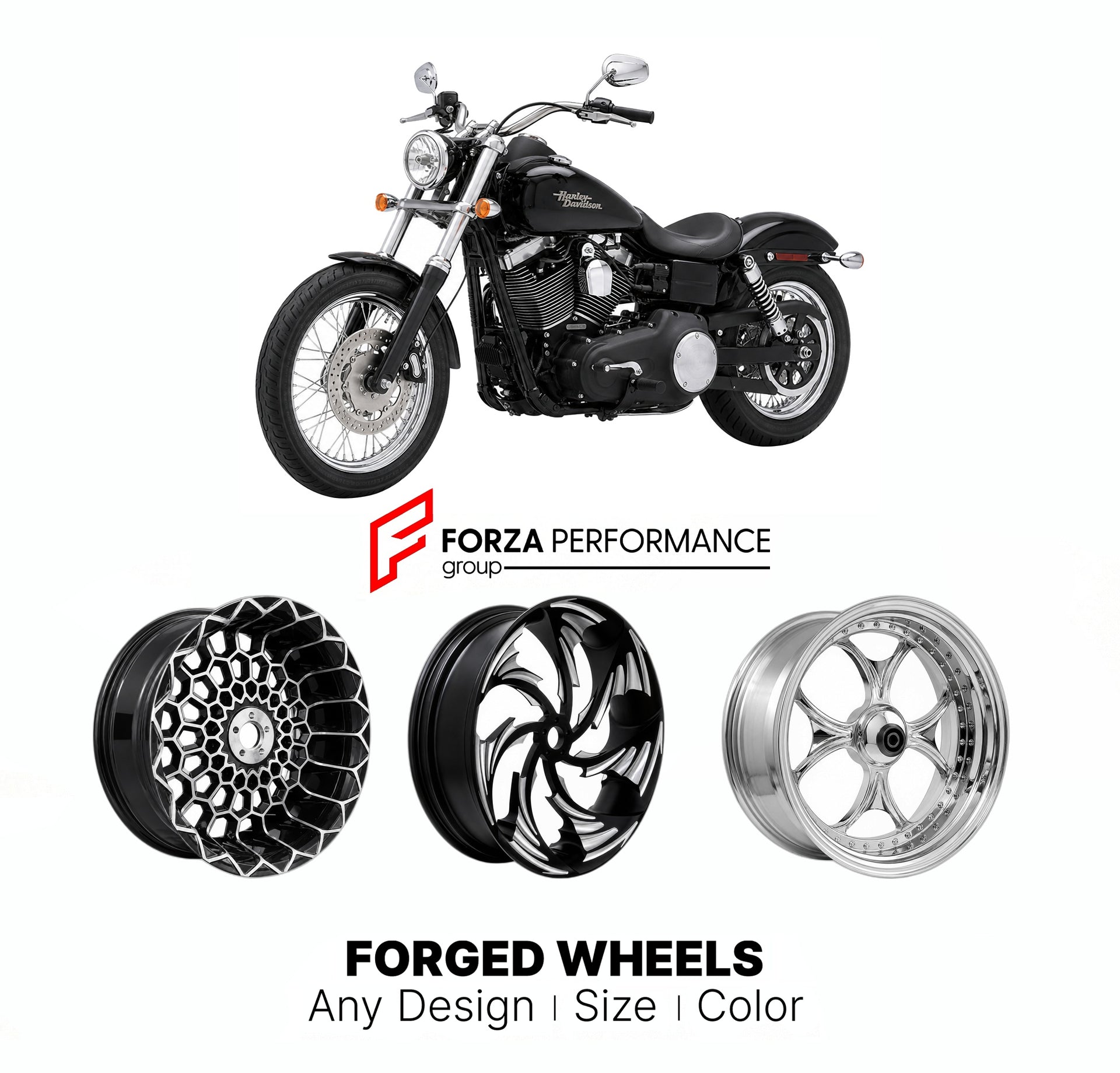 Custom forged motorcycle wheels for Harley Davidson FXDB Street Bob 2006 - 2017. Any size, color and finish. ABS/non-ABS fitment available.

We manufacture premium quality forged motorcycle wheels rims for Harley Davidson FXDB Street Bob 2006 - 2017 in any design, size, color.

We ensure your wheel set is delivered and fitted perfectly.

Finishing: Any

Optional for an additional price: Dual-Color, Brushing, Chroming, Polishing, Carbon Barrel.

We offer motorcycle wheels in many sizes: 12, 13, 14, 15, 16, 1