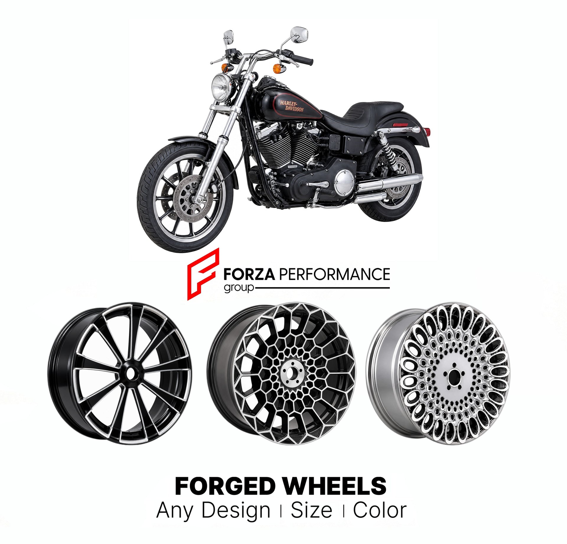 Custom forged motorcycle wheels for Harley Davidson FXDL Dyna Low Rider 1990 - 2009. Any size, color and finish. ABS/non-ABS fitment available.

We manufacture premium quality forged motorcycle wheels rims for Harley Davidson FXDL Dyna Low Rider 1990 - 2009 in any design, size, color.

We ensure your wheel set is delivered and fitted perfectly.

Finishing: Any

Optional for an additional price: Dual-Color, Brushing, Chroming, Polishing, Carbon Barrel.

We offer motorcycle wheels in many sizes: 12, 13, 14, 1