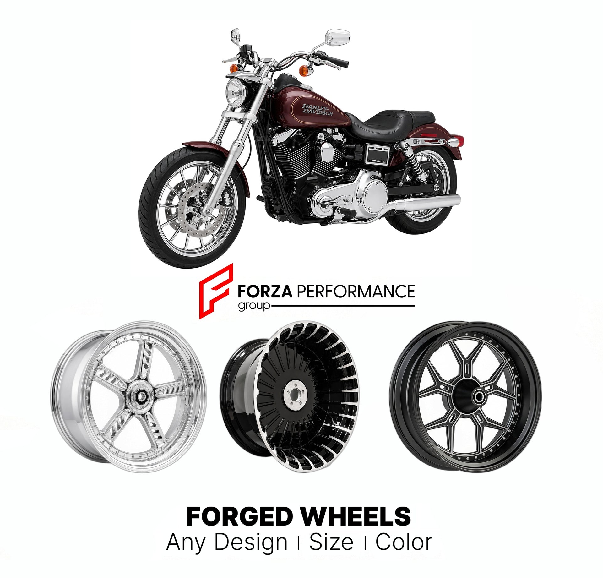Custom forged motorcycle wheels for Harley Davidson FXDL Dyna Low Rider 2014 - 2017. Any size, color and finish. ABS/non-ABS fitment available.

We manufacture premium quality forged motorcycle wheels rims for Harley Davidson FXDL Dyna Low Rider 2014 - 2017 in any design, size, color.

We ensure your wheel set is delivered and fitted perfectly.

Finishing: Any

Optional for an additional price: Dual-Color, Brushing, Chroming, Polishing, Carbon Barrel.

We offer motorcycle wheels in many sizes: 12, 13, 14, 1