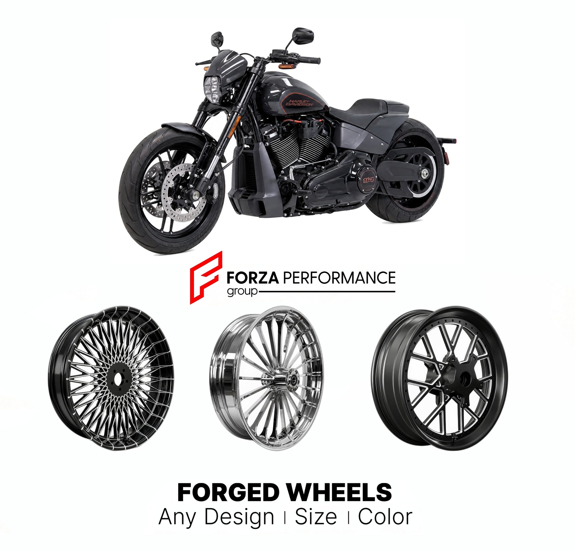 Custom forged motorcycle wheels for Harley Davidson FXDR 114 2019 - 2021. Any size, color and finish. ABS/non-ABS fitment available.

We manufacture premium quality forged motorcycle wheels rims for Harley Davidson FXDR 114 2019 - 2021 in any design, size, color.

We ensure your wheel set is delivered and fitted perfectly.

Finishing: Any

Optional for an additional price: Dual-Color, Brushing, Chroming, Polishing, Carbon Barrel.

We offer motorcycle wheels in many sizes: 12, 13, 14, 15, 16, 17, 18, 19, 20,