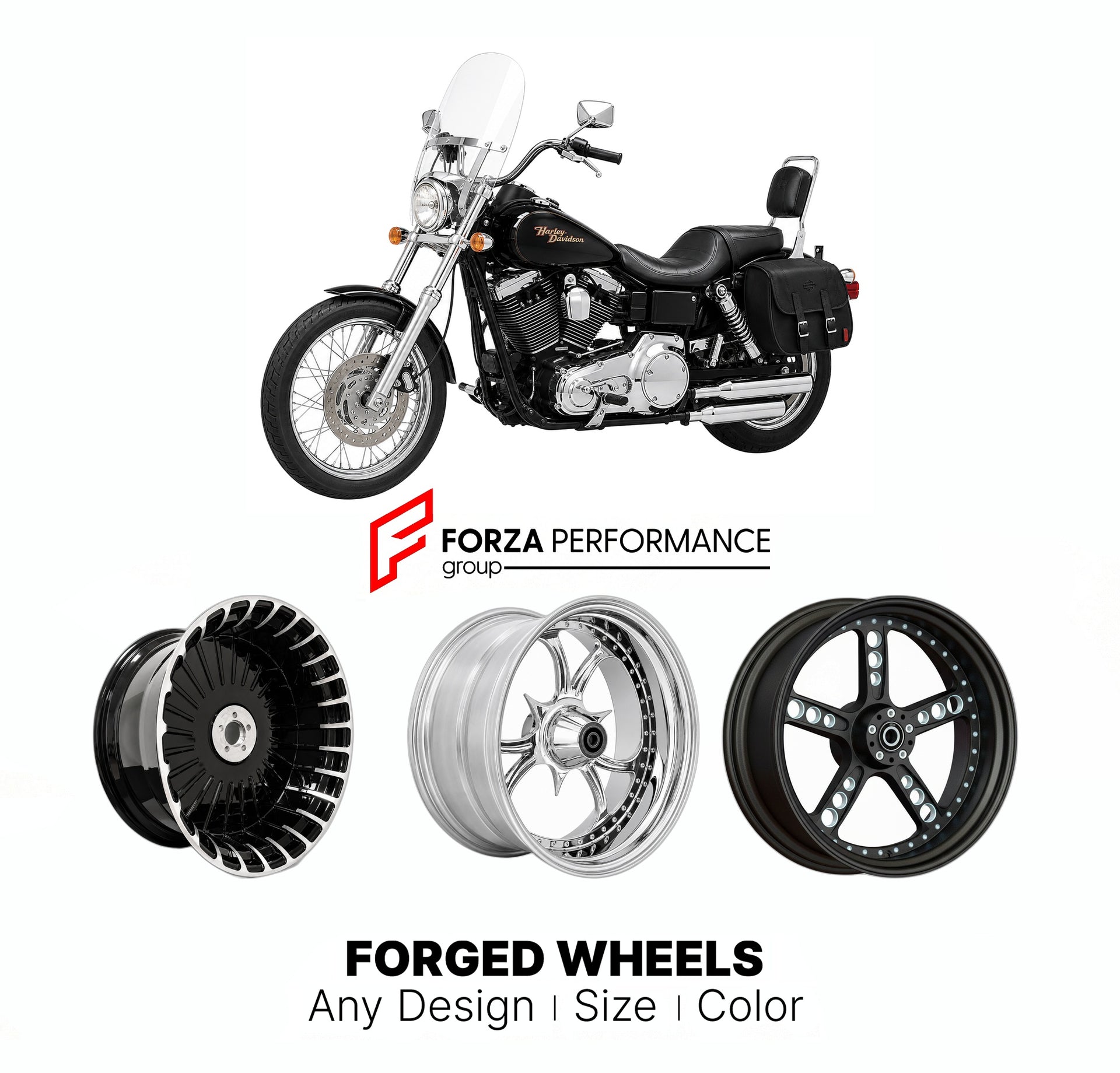 Custom forged motorcycle wheels for Harley Davidson FXDS-CON Dyna Convertible 1994 - 2000. Any size, color and finish. ABS/non-ABS fitment available.

We manufacture premium quality forged motorcycle wheels rims for Harley Davidson FXDS-CON Dyna Convertible 1994 - 2000 in any design, size, color.

We ensure your wheel set is delivered and fitted perfectly.

Finishing: Any

Optional for an additional price: Dual-Color, Brushing, Chroming, Polishing, Carbon Barrel.

We offer motorcycle wheels in many sizes: 1