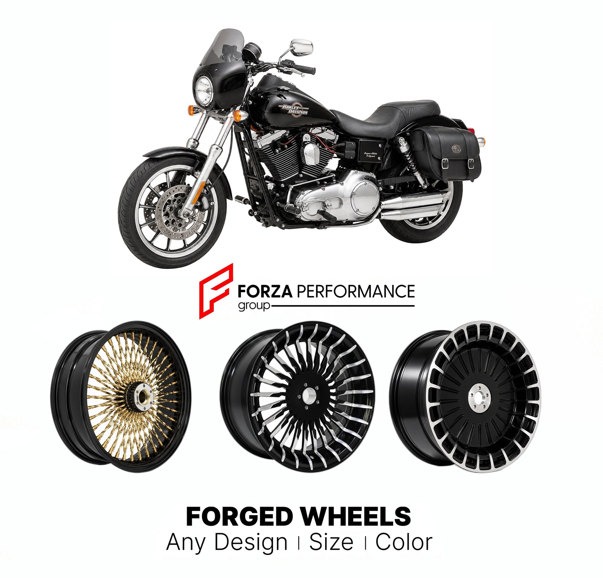 Custom forged motorcycle wheels for Harley Davidson FXDXT Super Glide T-Sport 2001 - 2003. Any size, color and finish. ABS/non-ABS fitment available.

We manufacture premium quality forged motorcycle wheels rims for Harley Davidson FXDXT Super Glide T-Sport 2001 - 2003 in any design, size, color.

We ensure your wheel set is delivered and fitted perfectly.

Finishing: Any

Optional for an additional price: Dual-Color, Brushing, Chroming, Polishing, Carbon Barrel.

We offer motorcycle wheels in many sizes: 1