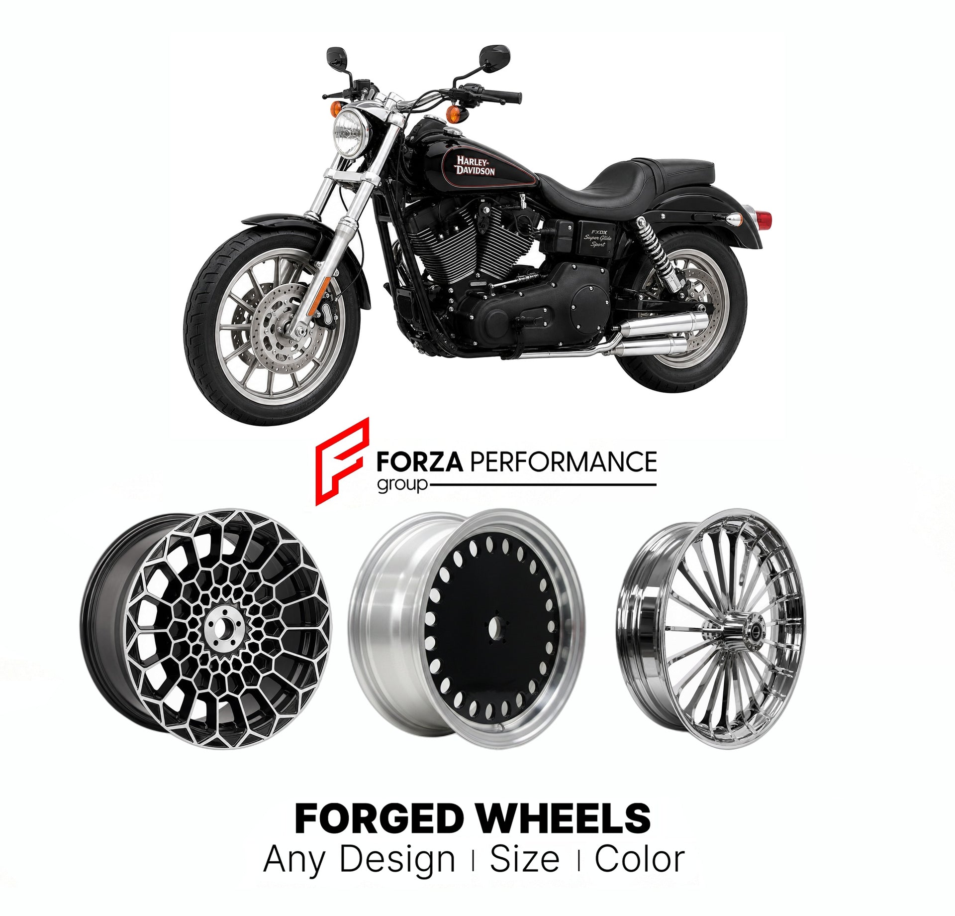 Custom forged motorcycle wheels for Harley Davidson FXDX Super Glide Sport 1999 - 2005. Any size, color and finish. ABS/non-ABS fitment available.

We manufacture premium quality forged motorcycle wheels rims for Harley Davidson FXDX Super Glide Sport 1999 - 2005 in any design, size, color.

We ensure your wheel set is delivered and fitted perfectly.

Finishing: Any

Optional for an additional price: Dual-Color, Brushing, Chroming, Polishing, Carbon Barrel.

We offer motorcycle wheels in many sizes: 12, 13,