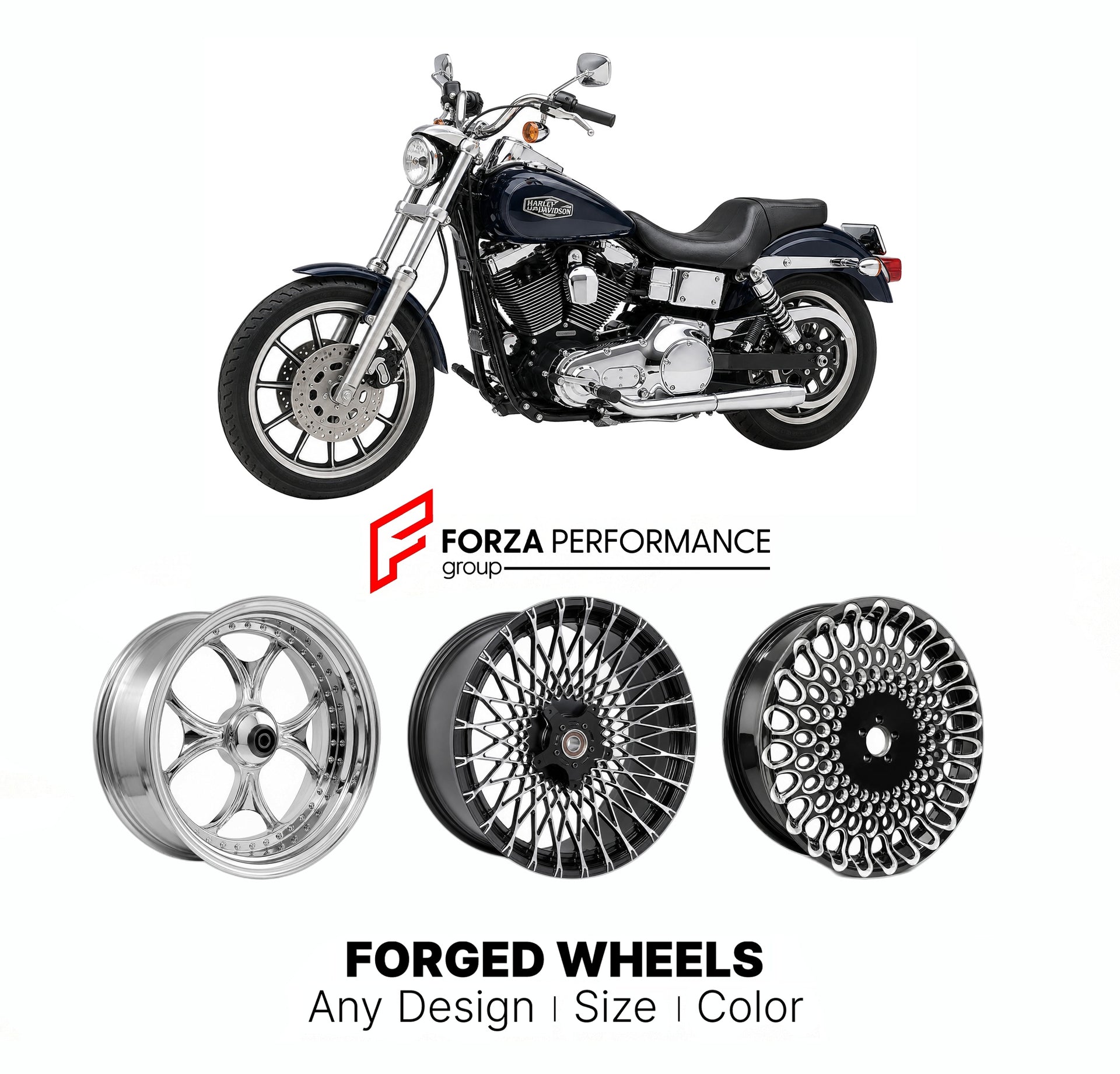 Custom forged motorcycle wheels for Harley Davidson FXD Dyna Super Glide 1995 - 2012. Any size, color and finish. ABS/non-ABS fitment available.

We manufacture premium quality forged motorcycle wheels rims for Harley Davidson FXD Dyna Super Glide 1995 - 2012 in any design, size, color.

We ensure your wheel set is delivered and fitted perfectly.

Finishing: Any

Optional for an additional price: Dual-Color, Brushing, Chroming, Polishing, Carbon Barrel.

We offer motorcycle wheels in many sizes: 12, 13, 14,