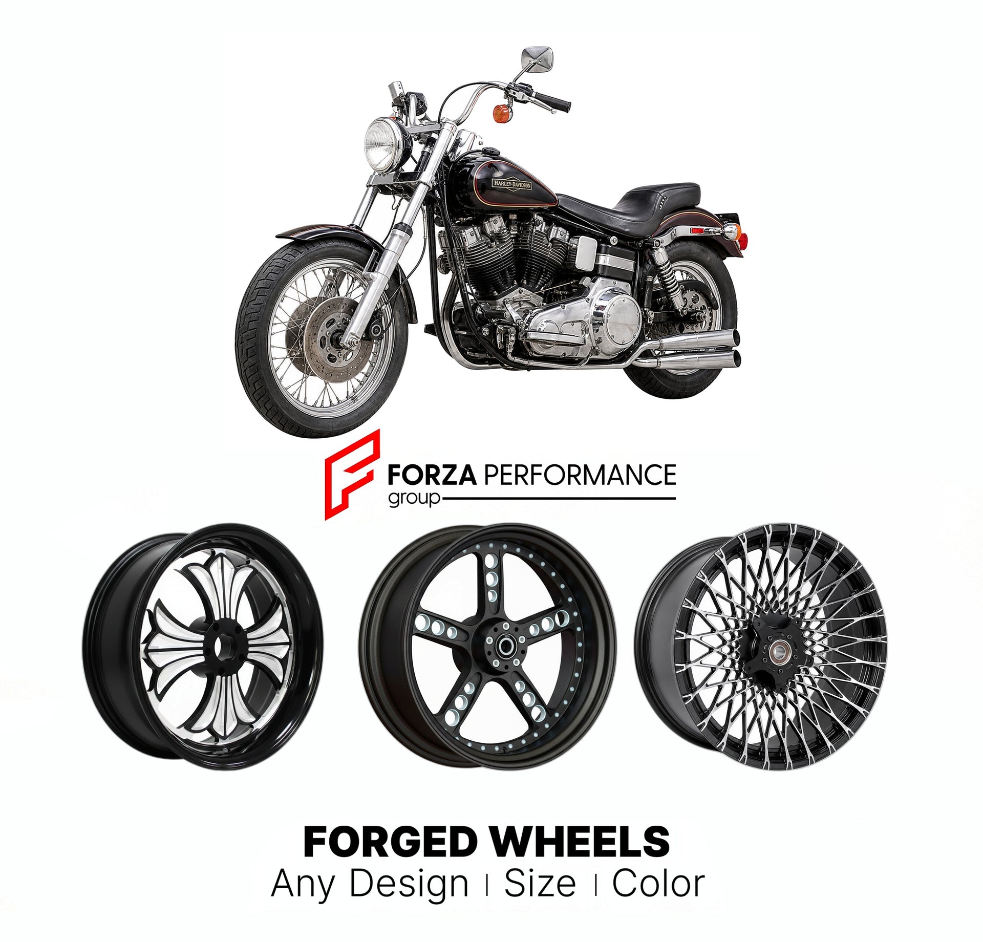 Custom forged motorcycle wheels for Harley Davidson FXEF Fat Bob 1979 - 1986. Any size, color and finish. ABS/non-ABS fitment available.

We manufacture premium quality forged motorcycle wheels rims for Harley Davidson FXEF Fat Bob 1979 - 1986 in any design, size, color.

We ensure your wheel set is delivered and fitted perfectly.

Finishing: Any

Optional for an additional price: Dual-Color, Brushing, Chroming, Polishing, Carbon Barrel.

We offer motorcycle wheels in many sizes: 12, 13, 14, 15, 16, 17, 18,