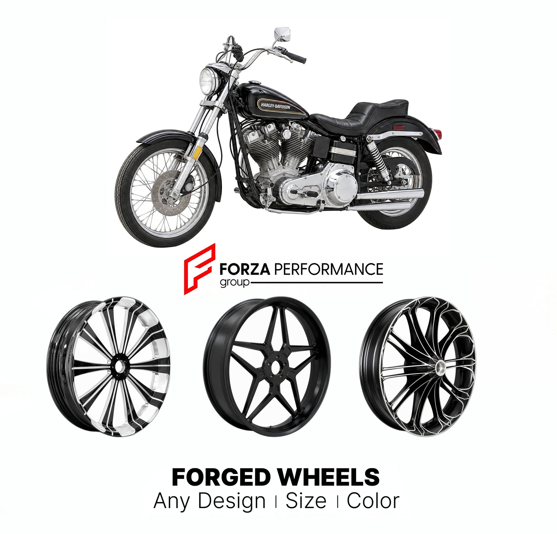 Custom forged motorcycle wheels for Harley Davidson FXE Super Glide 1970s - 1980s. Any size, color and finish. ABS/non-ABS fitment available.

We manufacture premium quality forged motorcycle wheels rims for Harley Davidson FXE Super Glide 1970s - 1980s in any design, size, color.

We ensure your wheel set is delivered and fitted perfectly.

Finishing: Any

Optional for an additional price: Dual-Color, Brushing, Chroming, Polishing, Carbon Barrel.

We offer motorcycle wheels in many sizes: 12, 13, 14, 15, 1