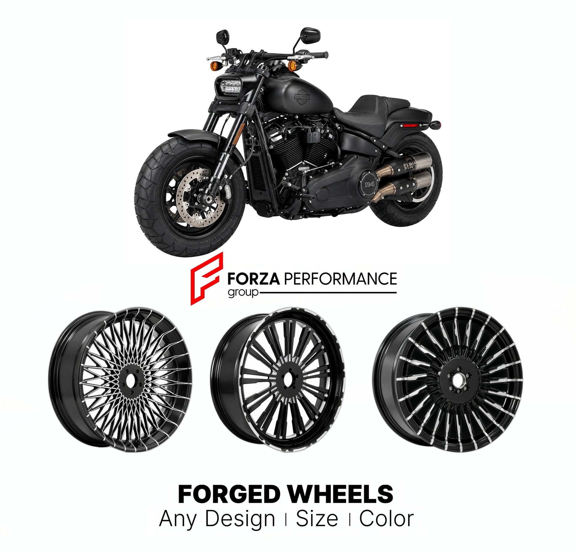 Custom forged motorcycle wheels for Harley Davidson FXFBS Fat Bob 2018 - 2020. Any size, color and finish. ABS/non-ABS fitment available.

We manufacture premium quality forged motorcycle wheels rims for Harley Davidson FXFBS Fat Bob 2018 - 2020 in any design, size, color.

We ensure your wheel set is delivered and fitted perfectly.

Finishing: Any

Optional for an additional price: Dual-Color, Brushing, Chroming, Polishing, Carbon Barrel.

We offer motorcycle wheels in many sizes: 12, 13, 14, 15, 16, 17, 1