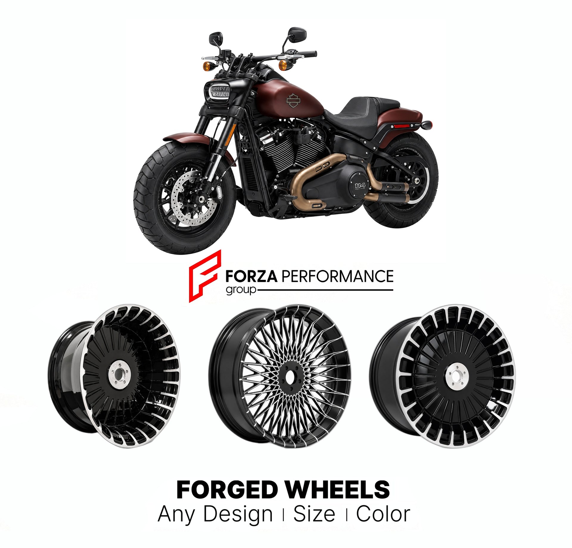 Custom forged motorcycle wheels for Harley Davidson FXFB Fat Bob 2018 - 2020. Any size, color and finish. ABS/non-ABS fitment available.

We manufacture premium quality forged motorcycle wheels rims for Harley Davidson FXFB Fat Bob 2018 - 2020 in any design, size, color.

We ensure your wheel set is delivered and fitted perfectly.

Finishing: Any

Optional for an additional price: Dual-Color, Brushing, Chroming, Polishing, Carbon Barrel.

We offer motorcycle wheels in many sizes: 12, 13, 14, 15, 16, 17, 18,