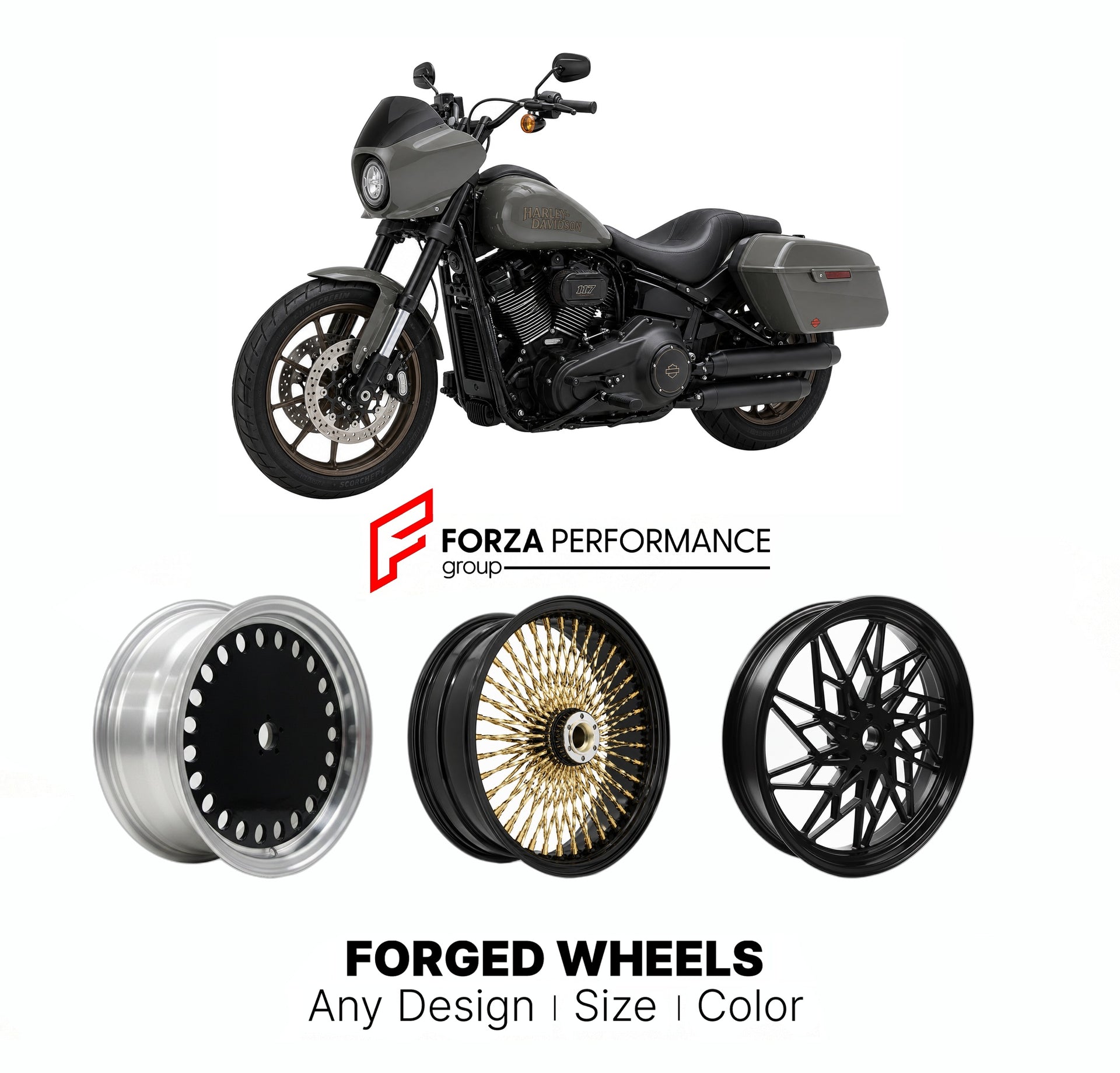 Custom forged motorcycle wheels for Harley Davidson FXLRST Low Rider ST 2022+. Any size, color and finish. ABS/non-ABS fitment available.

We manufacture premium quality forged motorcycle wheels rims for Harley Davidson FXLRST Low Rider ST 2022+ in any design, size, color.

We ensure your wheel set is delivered and fitted perfectly.

Finishing: Any

Optional for an additional price: Dual-Color, Brushing, Chroming, Polishing, Carbon Barrel.

We offer motorcycle wheels in many sizes: 12, 13, 14, 15, 16, 17, 1